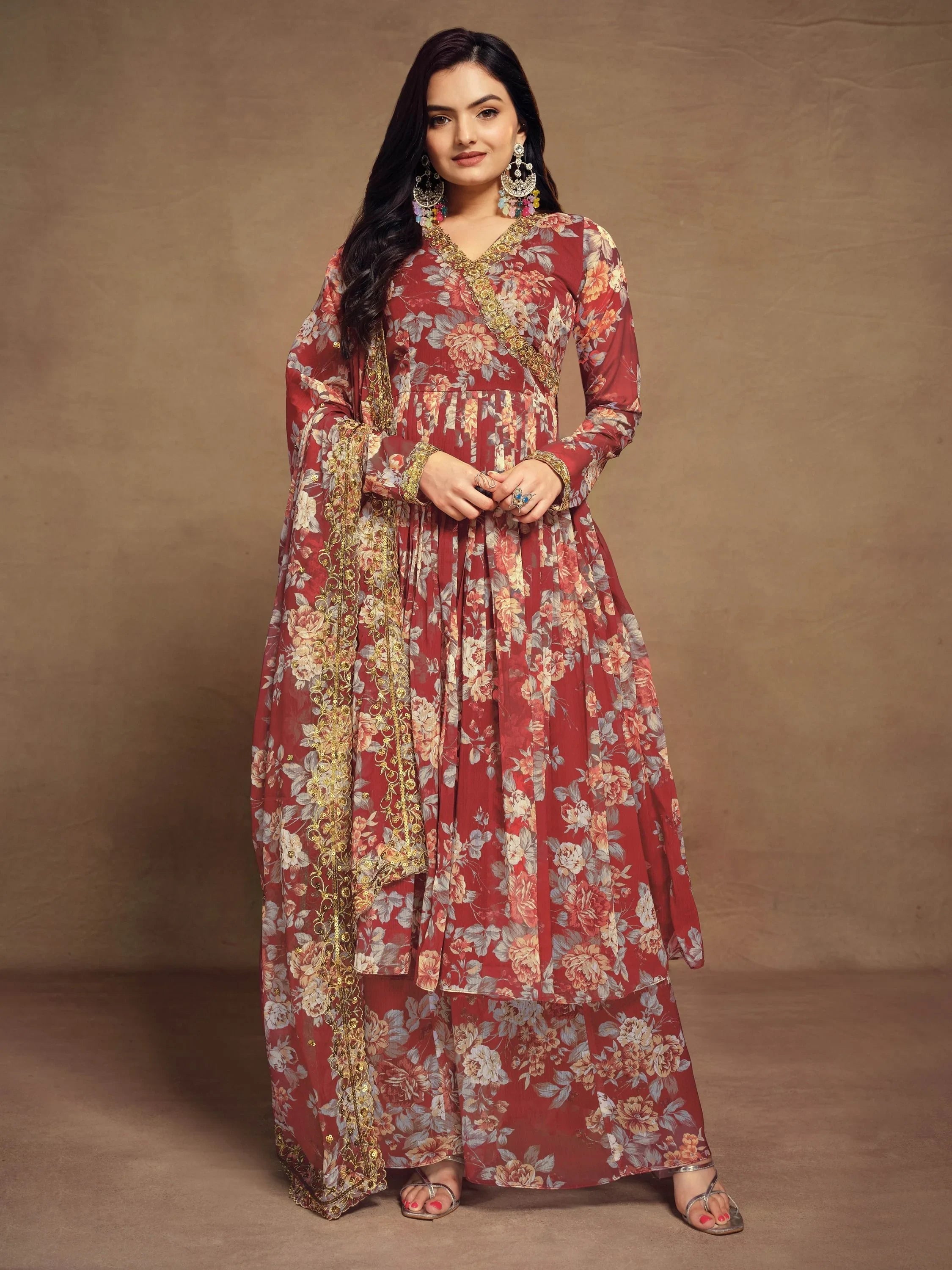Red Floral Printed Chiffon Function Wear Palazzo Suit for Women