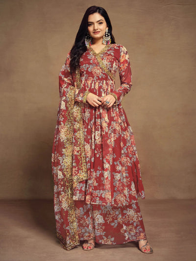 Red Floral Printed Chiffon Function Wear Palazzo Suit for Women