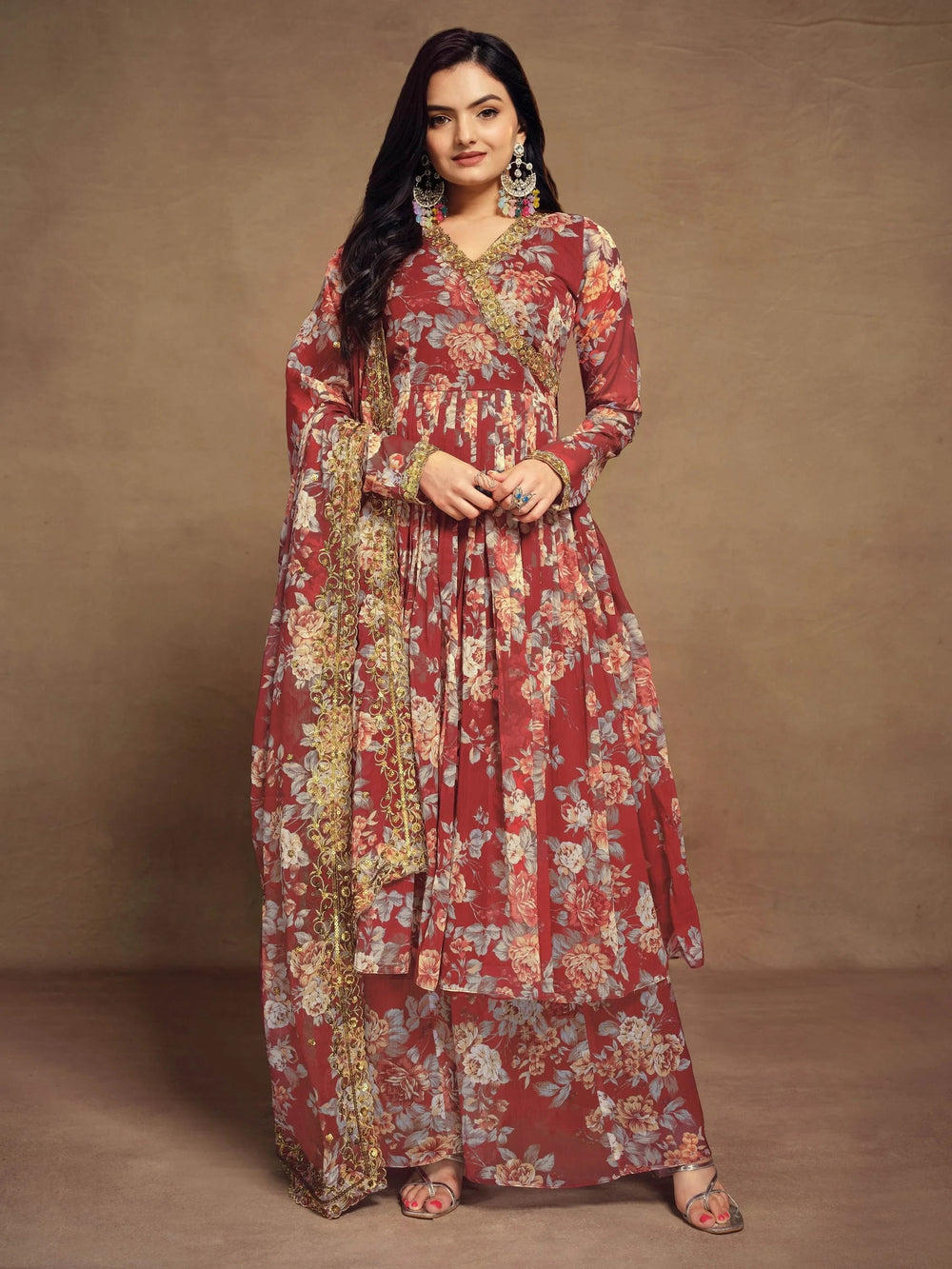 Red Floral Printed Chiffon Function Wear Palazzo Suit for Women