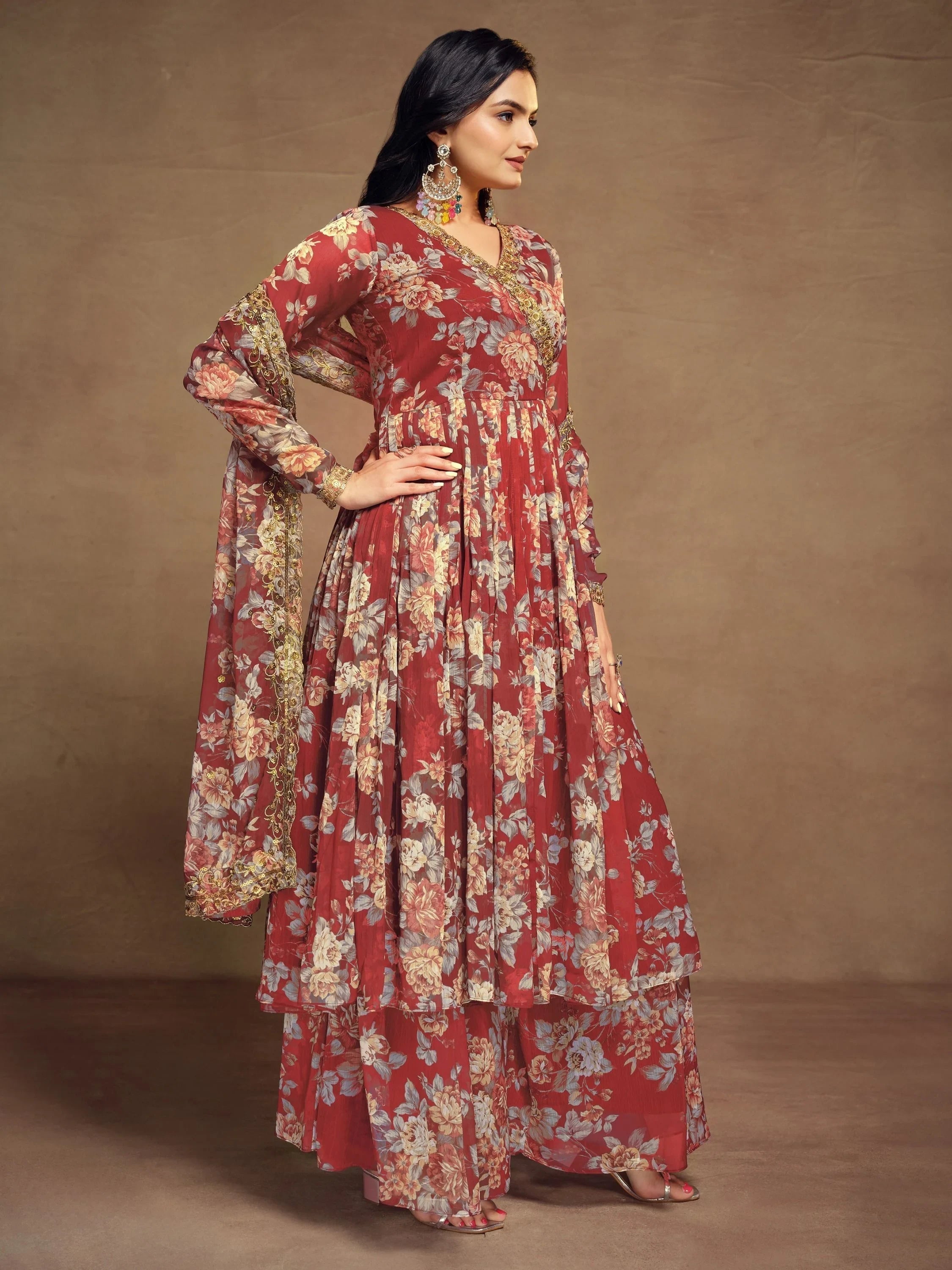 Red Floral Printed Chiffon Function Wear Palazzo Suit for Women