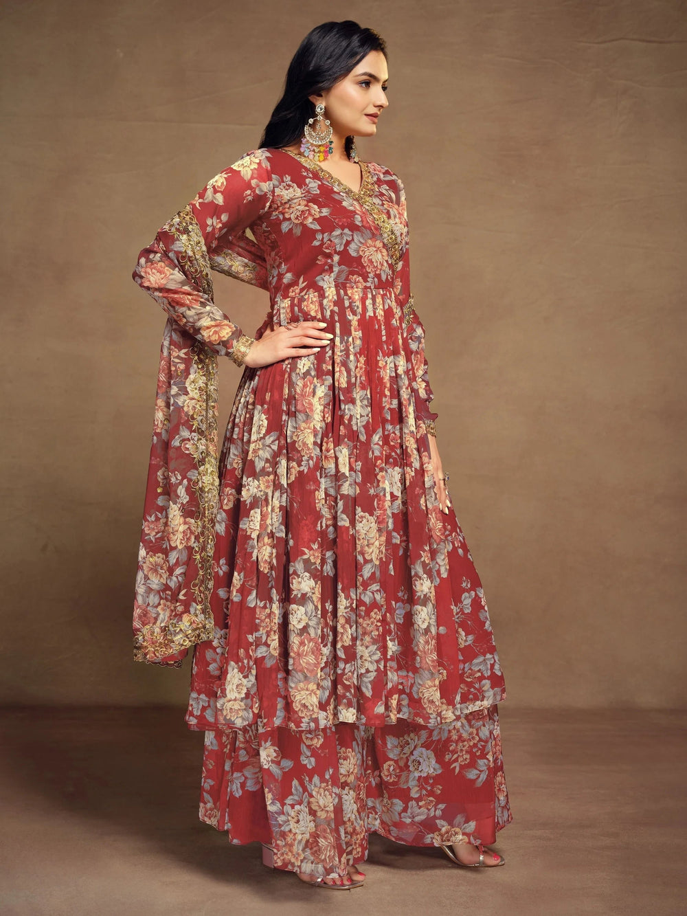 Red Floral Printed Chiffon Function Wear Palazzo Suit for Women
