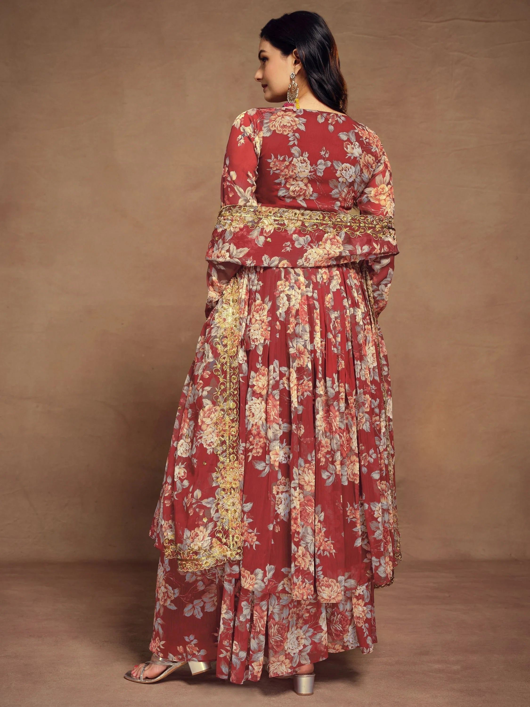 Red Floral Printed Chiffon Function Wear Palazzo Suit for Women