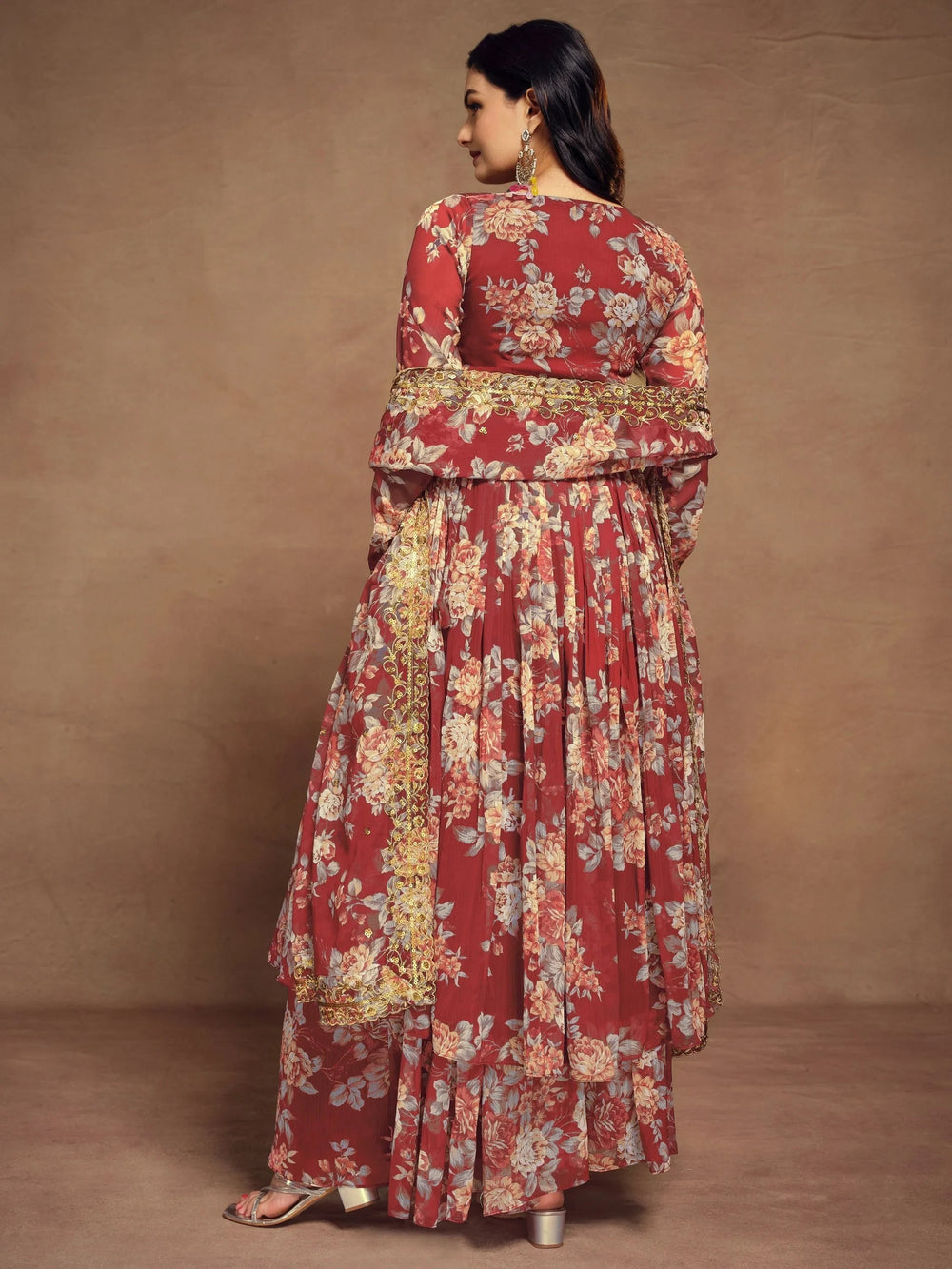 Red Floral Printed Chiffon Function Wear Palazzo Suit for Women