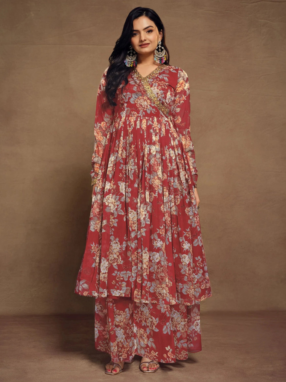 Red Floral Printed Chiffon Function Wear Palazzo Suit for Women