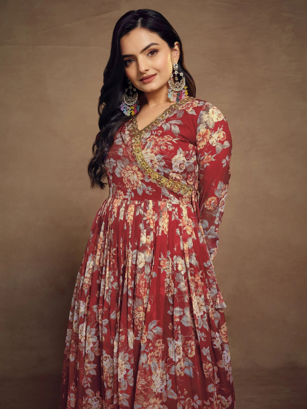 Red Floral Printed Chiffon Function Wear Palazzo Suit for Women