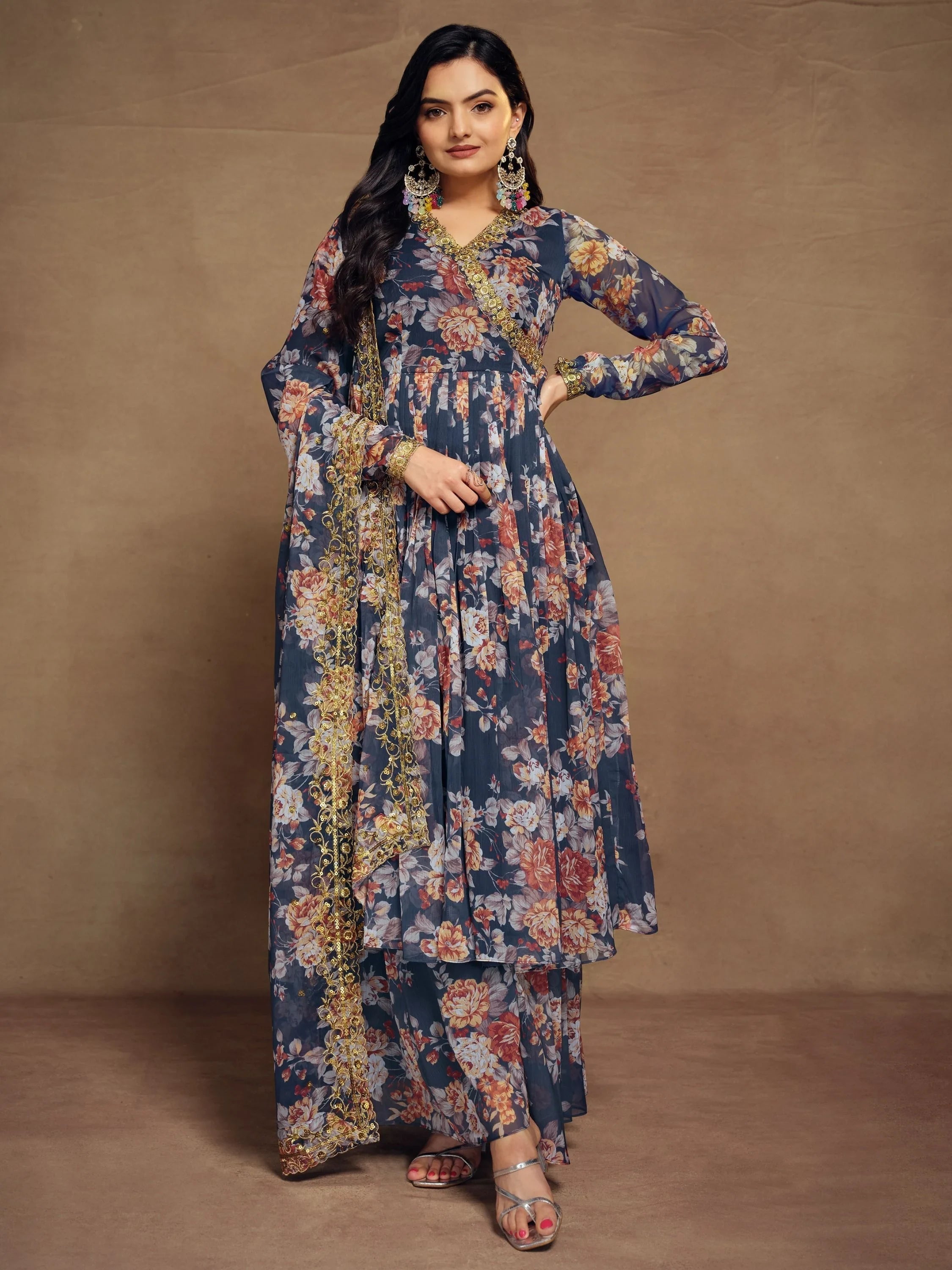 Blue Floral Printed Chiffon Festival Wear Palazzo Suit for Women