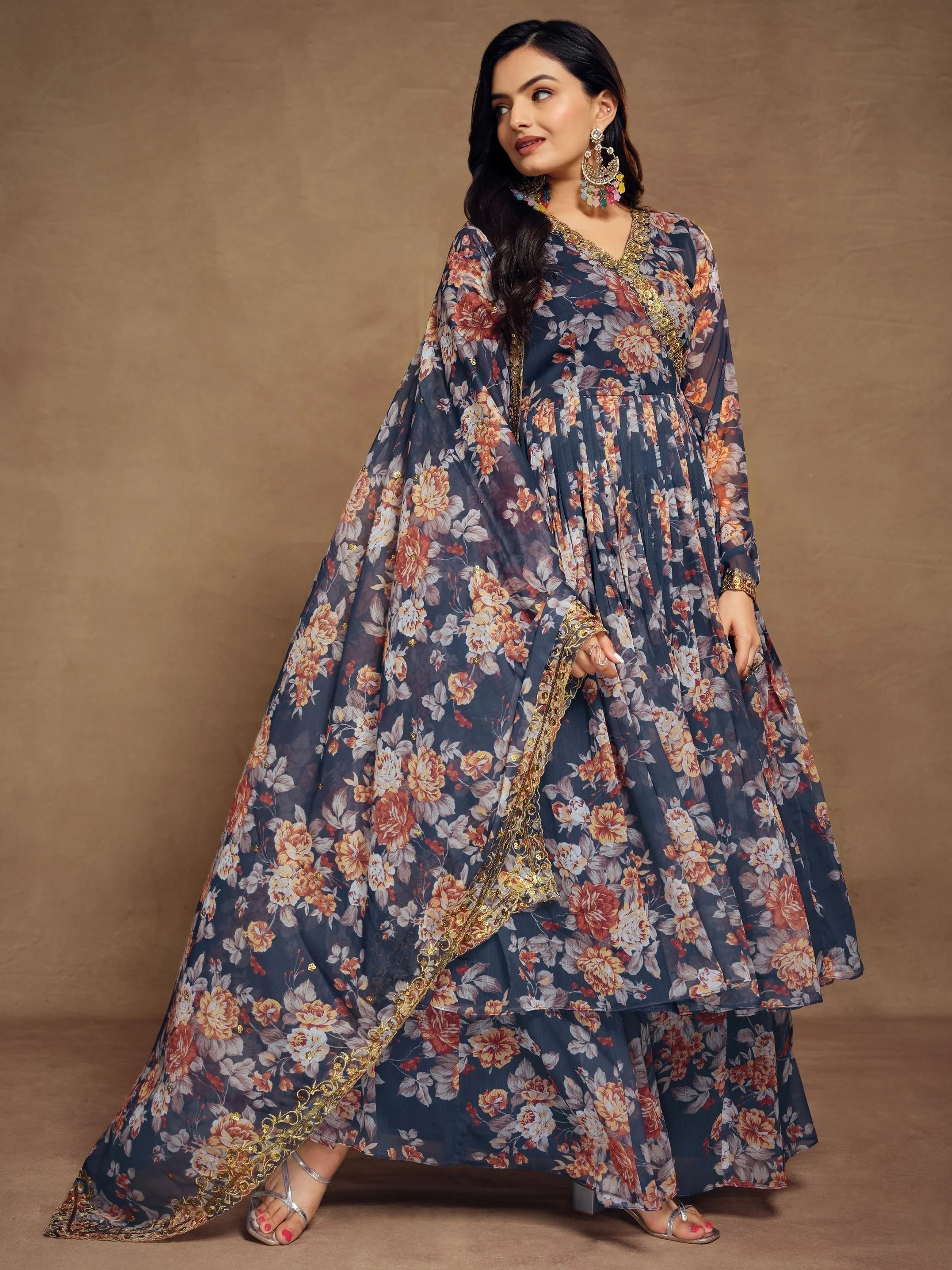 Blue Floral Printed Chiffon Festival Wear Palazzo Suit for Women