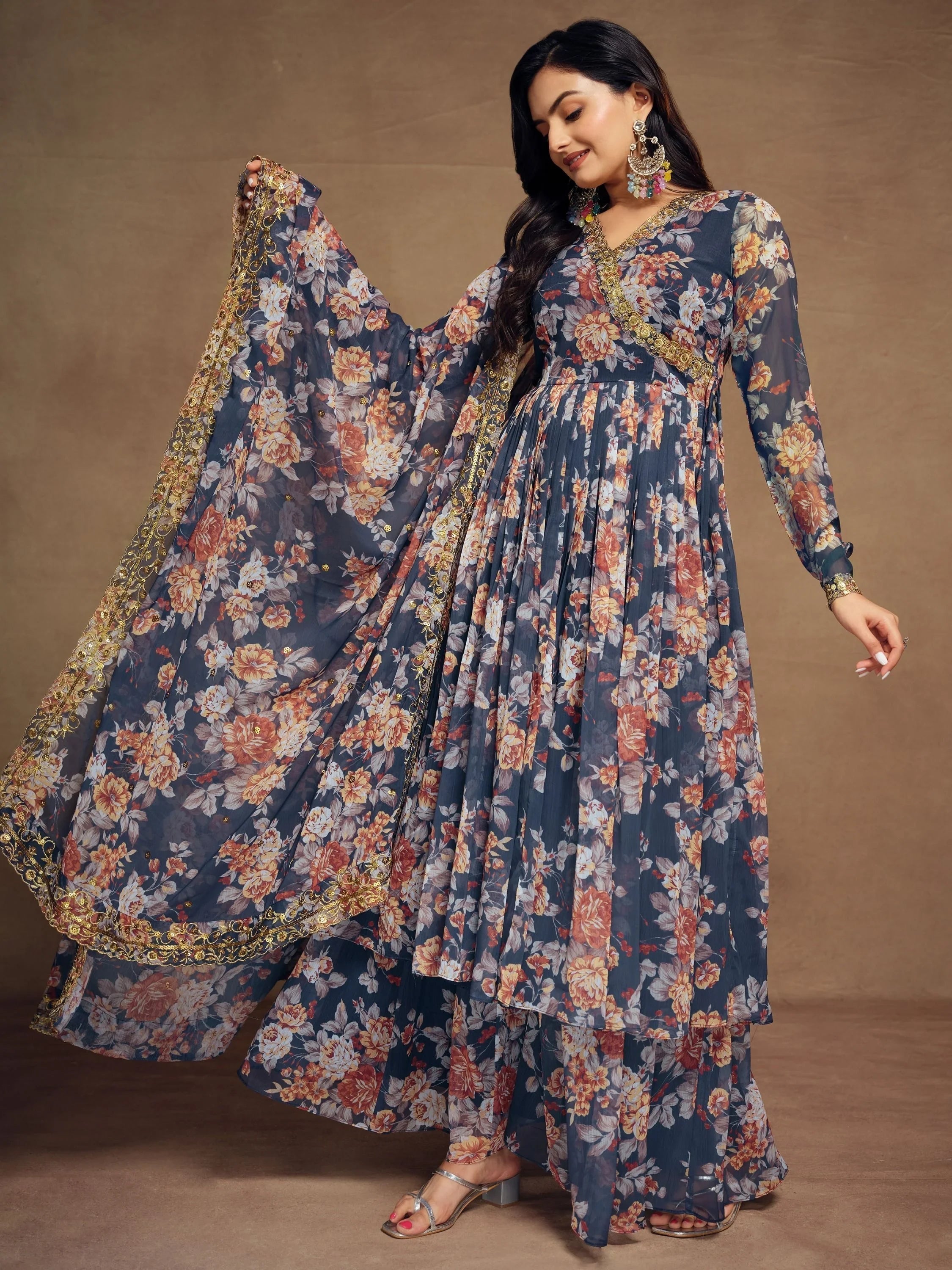 Blue Floral Printed Chiffon Festival Wear Palazzo Suit for Women
