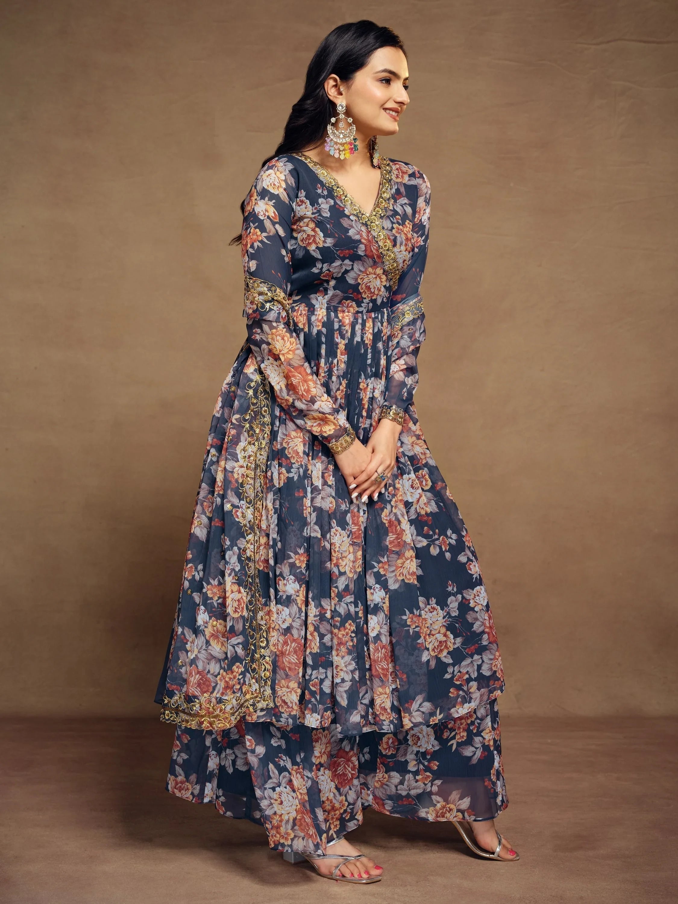 Blue Floral Printed Chiffon Festival Wear Palazzo Suit for Women
