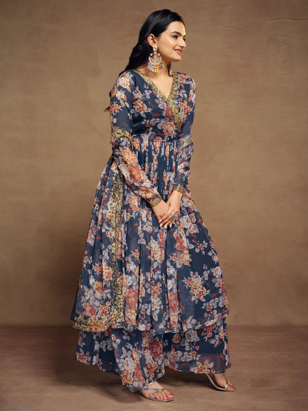 Blue Floral Printed Chiffon Festival Wear Palazzo Suit for Women