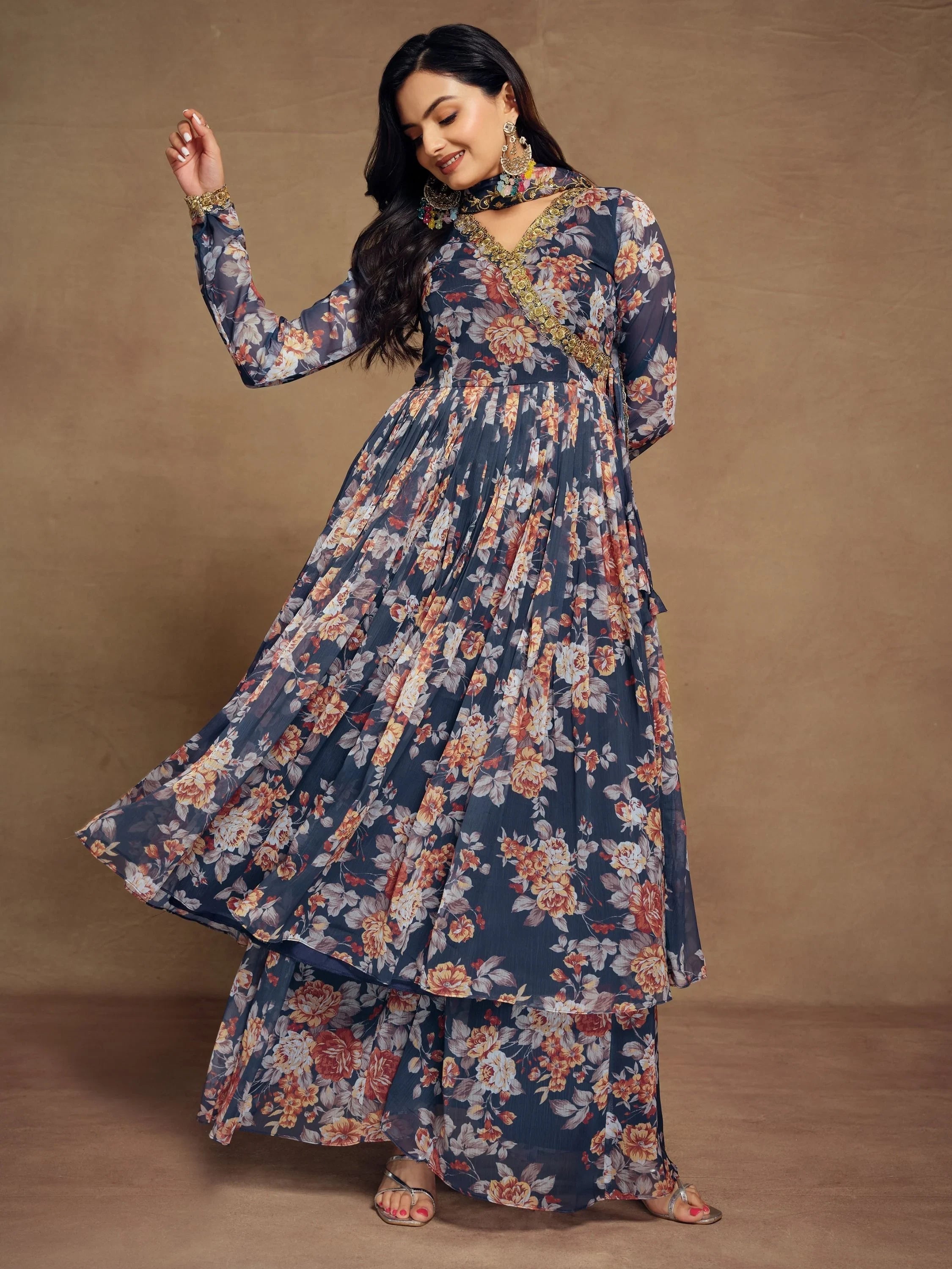 Blue Floral Printed Chiffon Festival Wear Palazzo Suit for Women