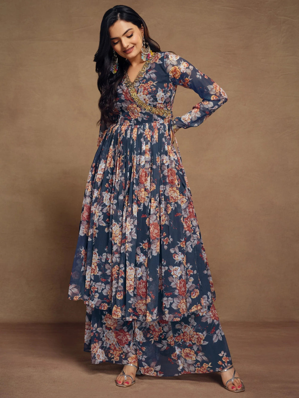 Blue Floral Printed Chiffon Festival Wear Palazzo Suit for Women