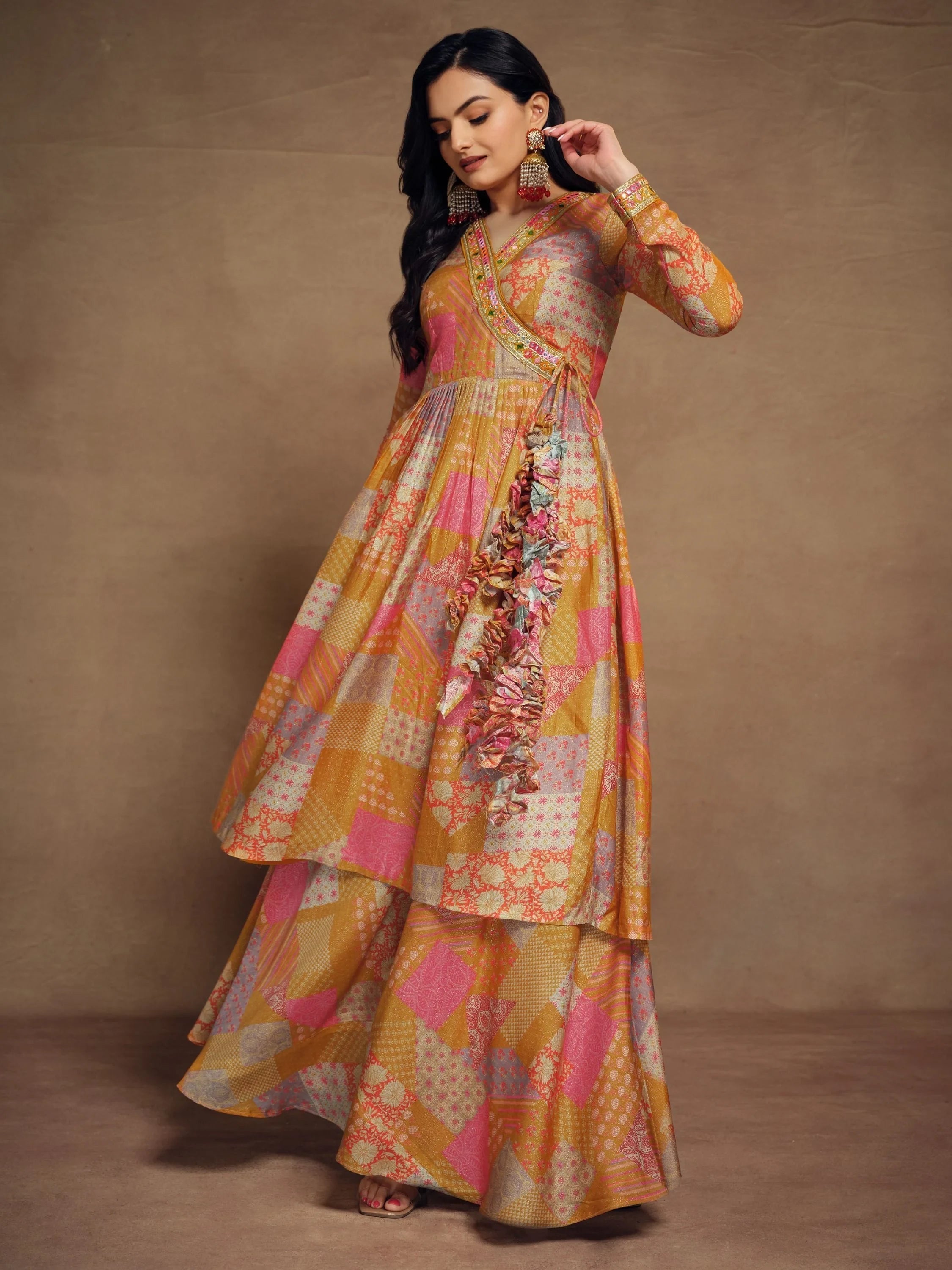 Glamorous Mustard Yellow Digital Printed Muslin Silk Palazzo Suit for Women