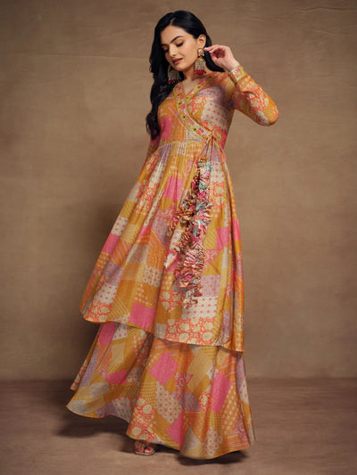 Glamorous Mustard Yellow Digital Printed Muslin Silk Palazzo Suit for Women