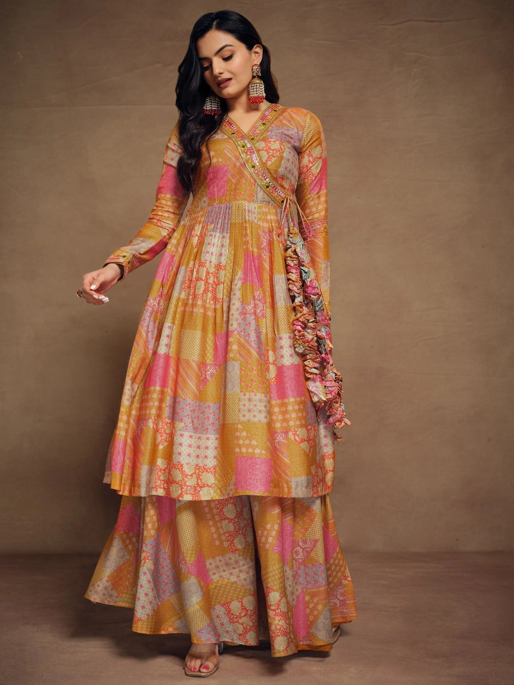 Glamorous Mustard Yellow Digital Printed Muslin Silk Palazzo Suit for Women