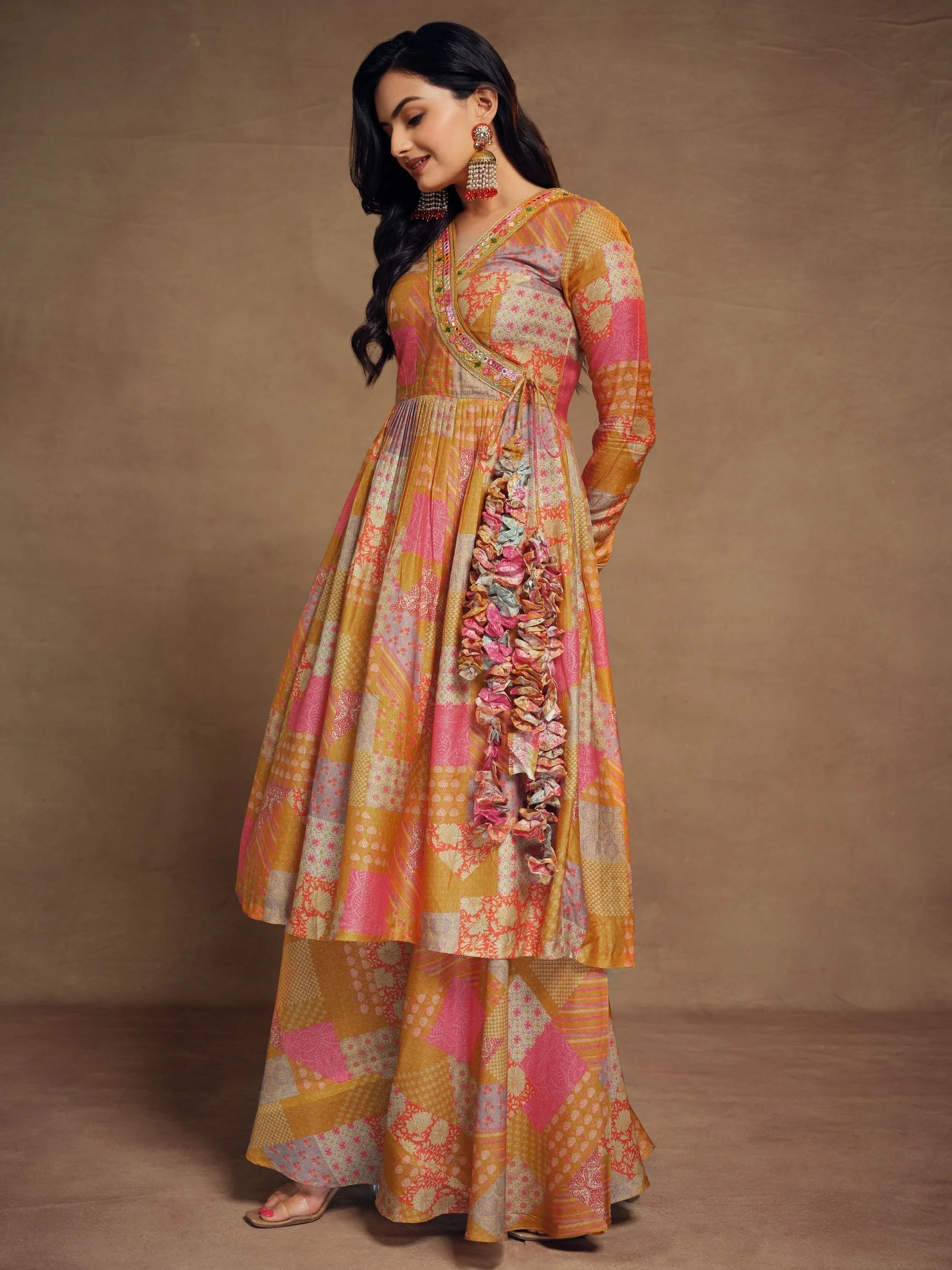 Glamorous Mustard Yellow Digital Printed Muslin Silk Palazzo Suit for Women