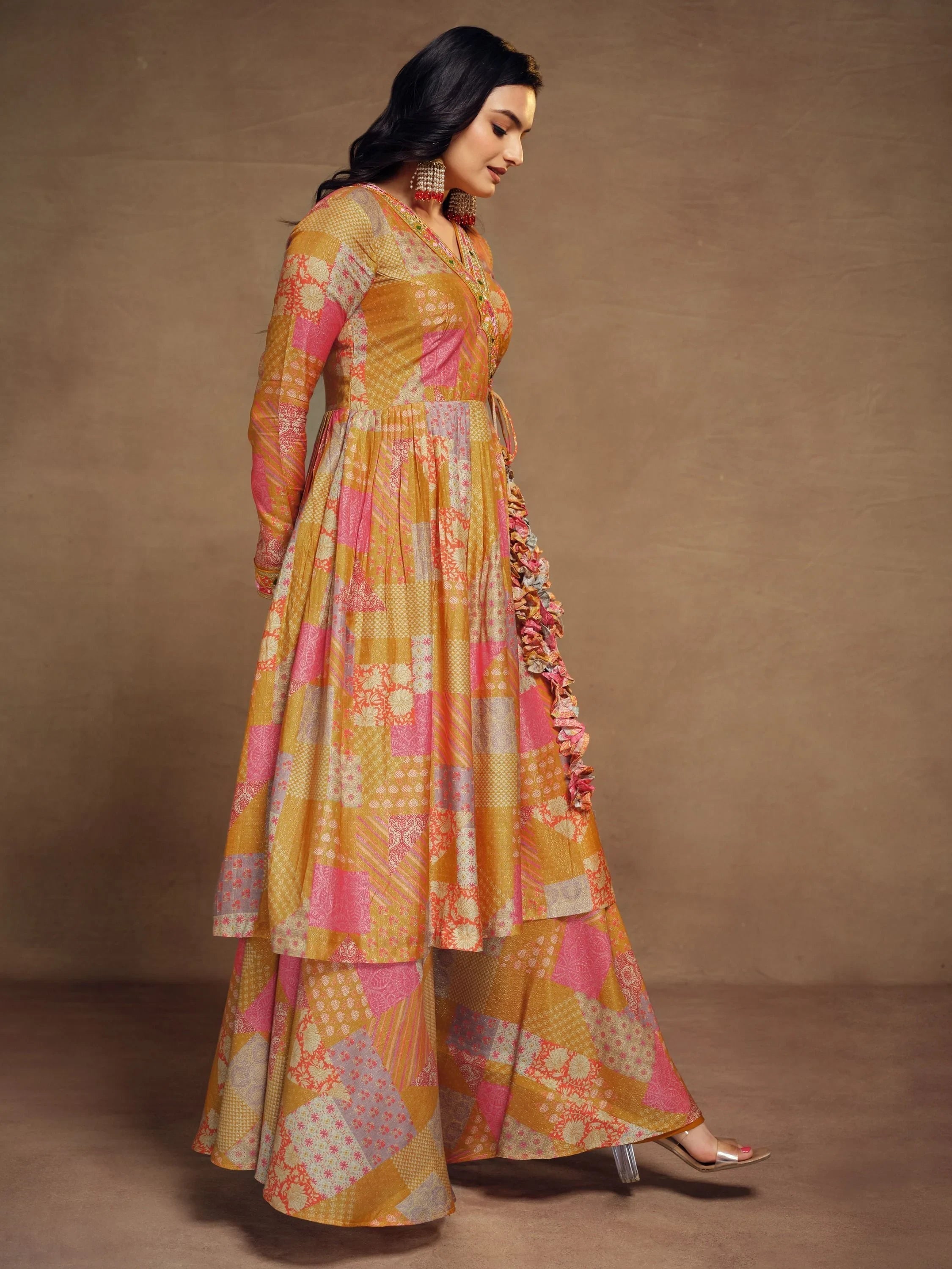 Glamorous Mustard Yellow Digital Printed Muslin Silk Palazzo Suit for Women