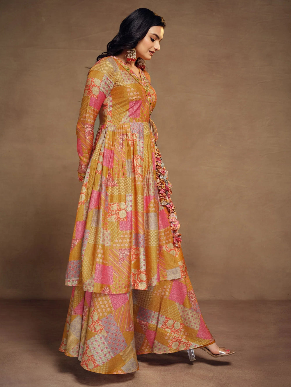 Glamorous Mustard Yellow Digital Printed Muslin Silk Palazzo Suit for Women