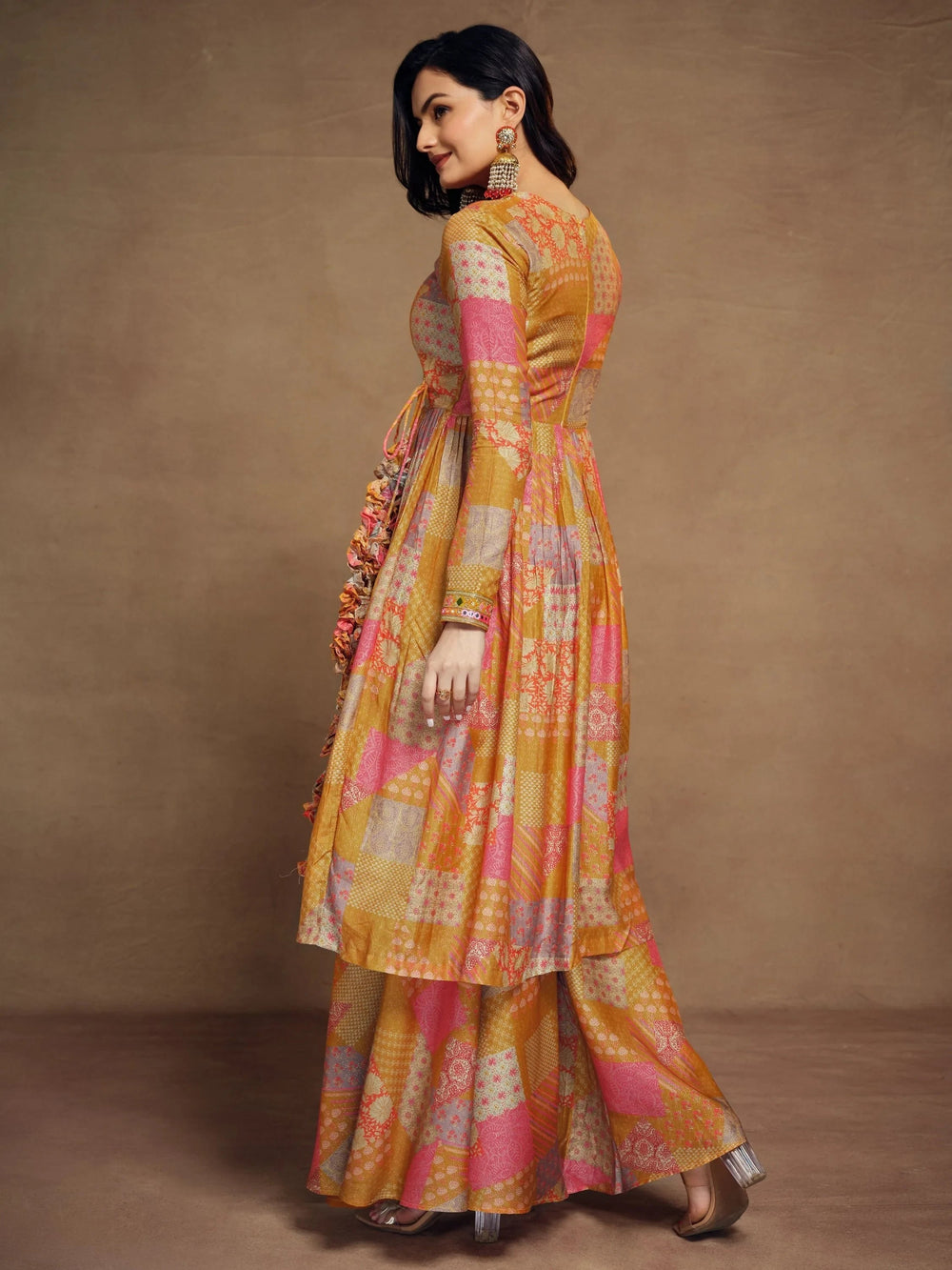 Glamorous Mustard Yellow Digital Printed Muslin Silk Palazzo Suit for Women