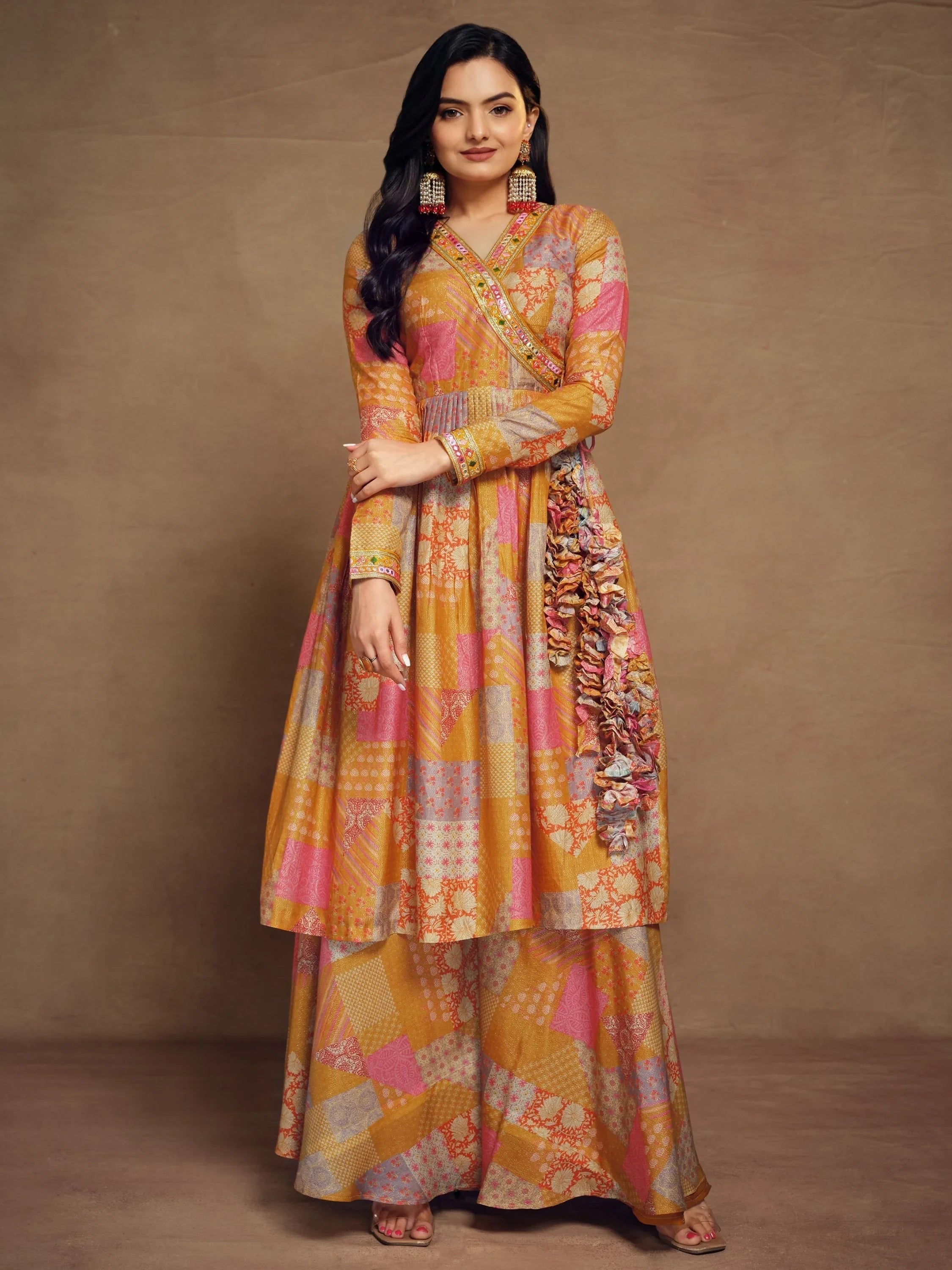 Glamorous Mustard Yellow Digital Printed Muslin Silk Palazzo Suit for Women