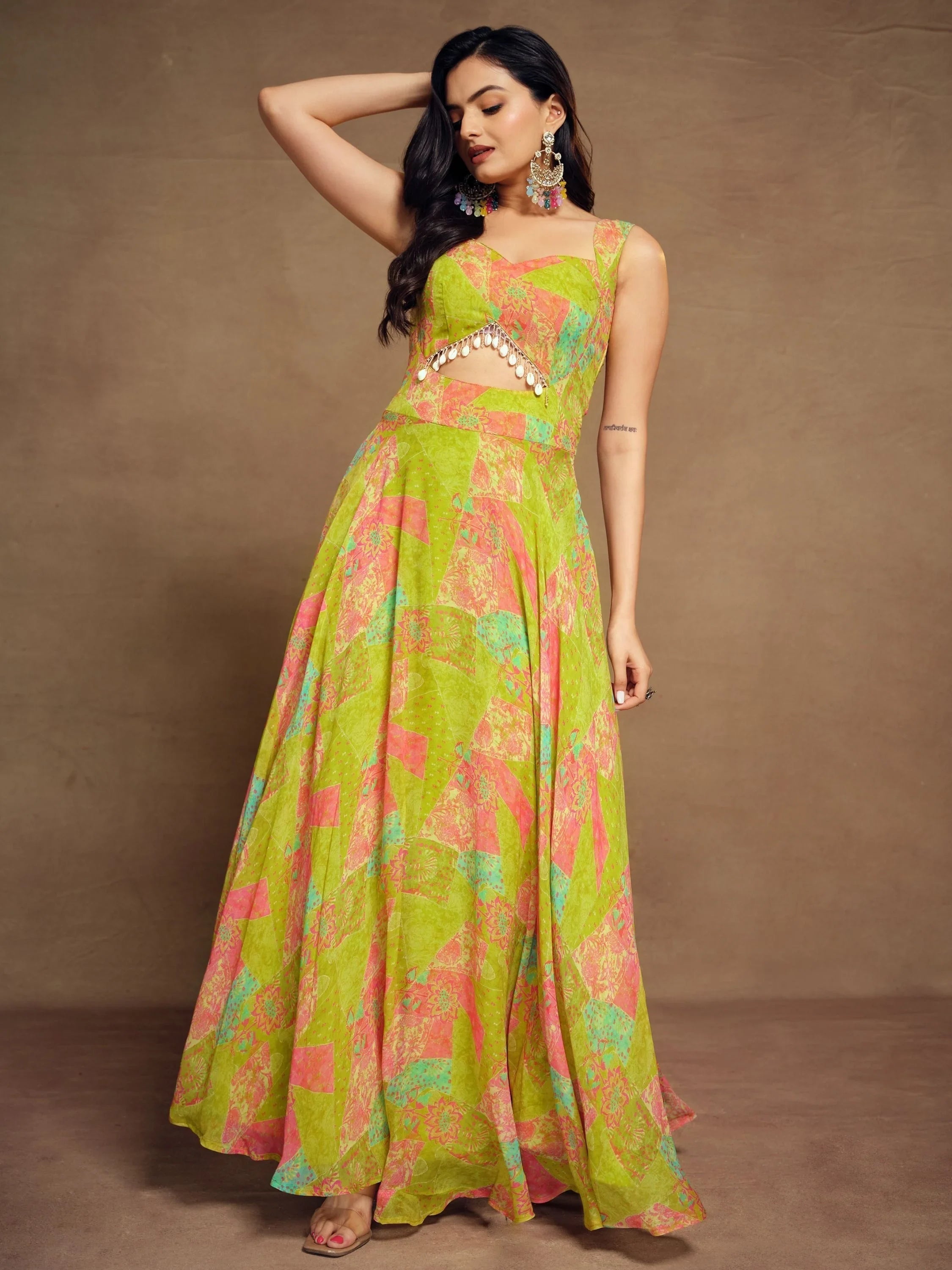 Light Green Digital Printed Georgette Party Wear Gown for Women