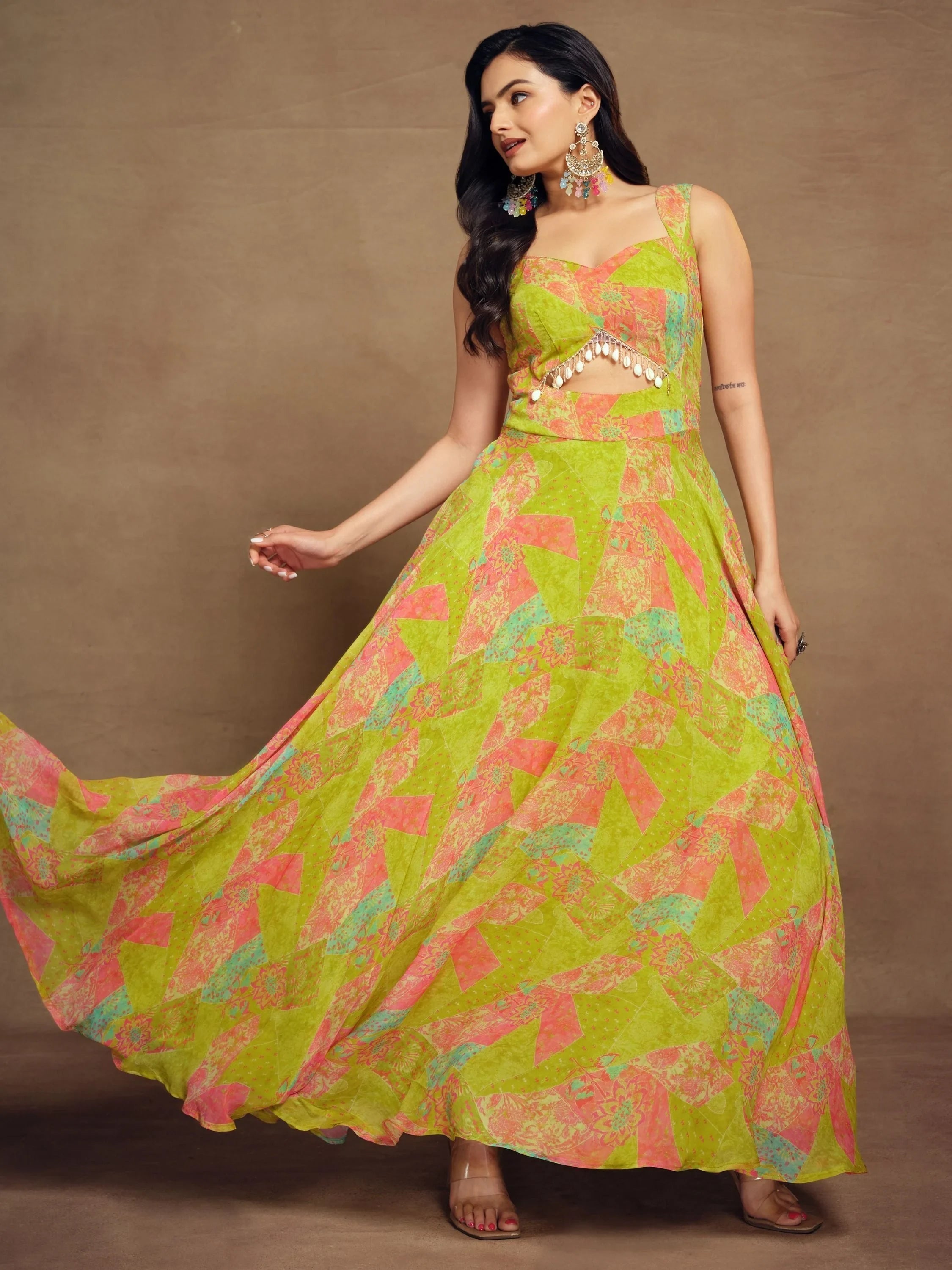 Light Green Digital Printed Georgette Party Wear Gown for Women