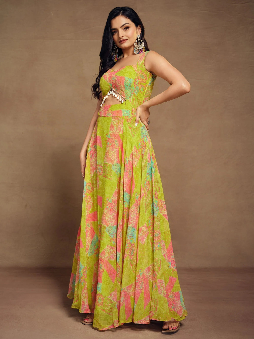 Light Green Digital Printed Georgette Party Wear Gown for Women
