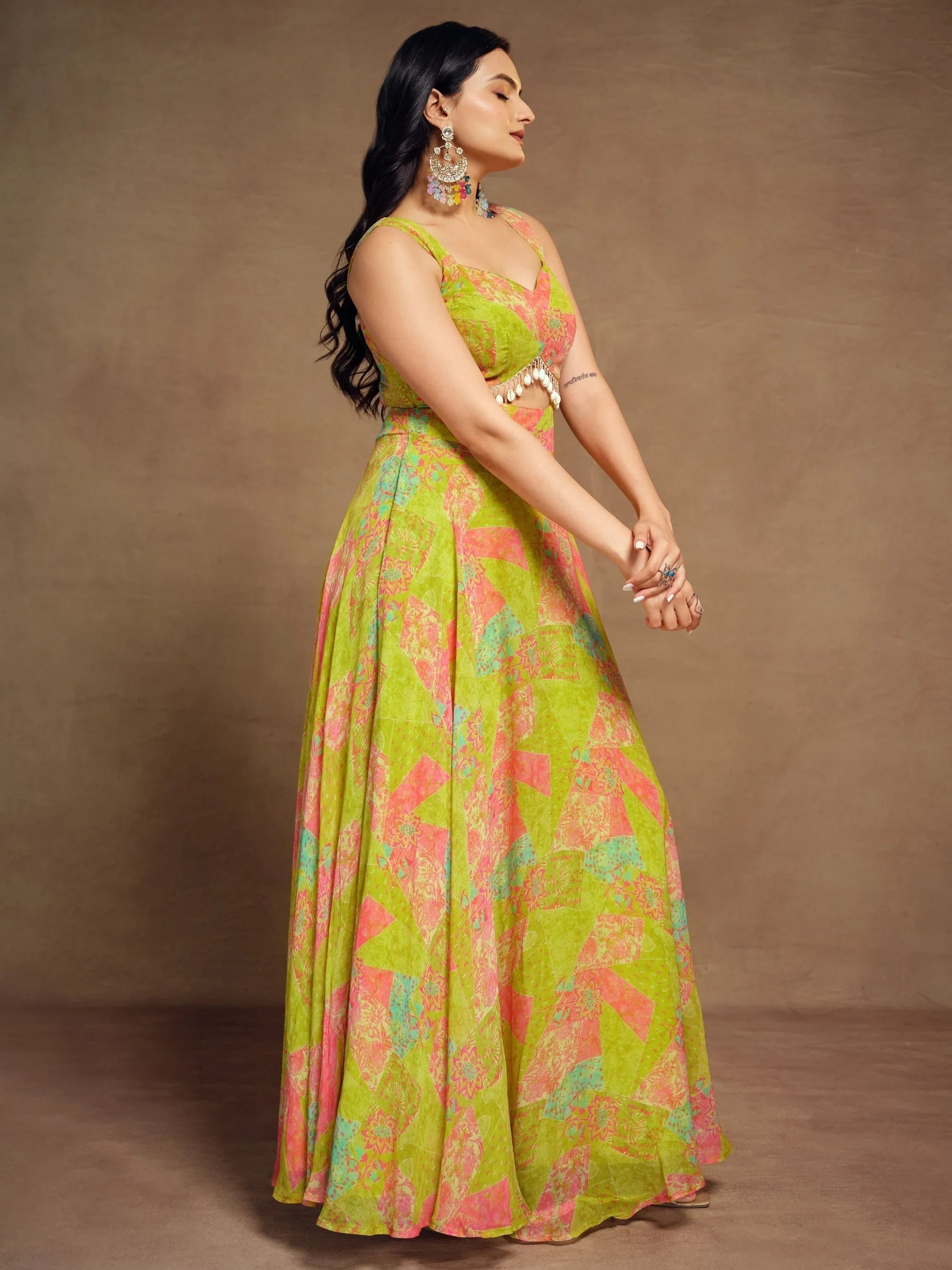 Light Green Digital Printed Georgette Party Wear Gown for Women
