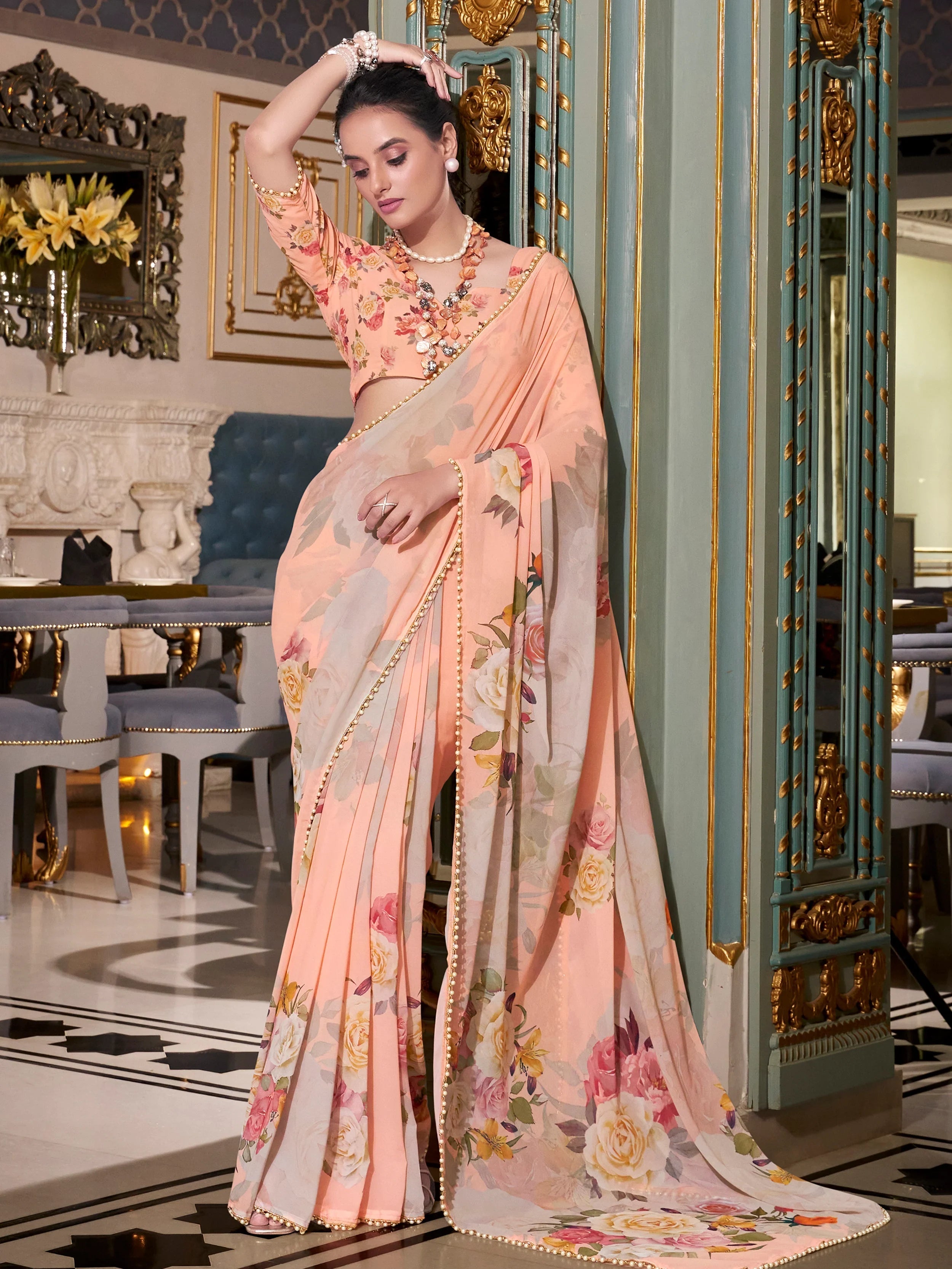Peach Georgette Floral Printed Saree With Blouse