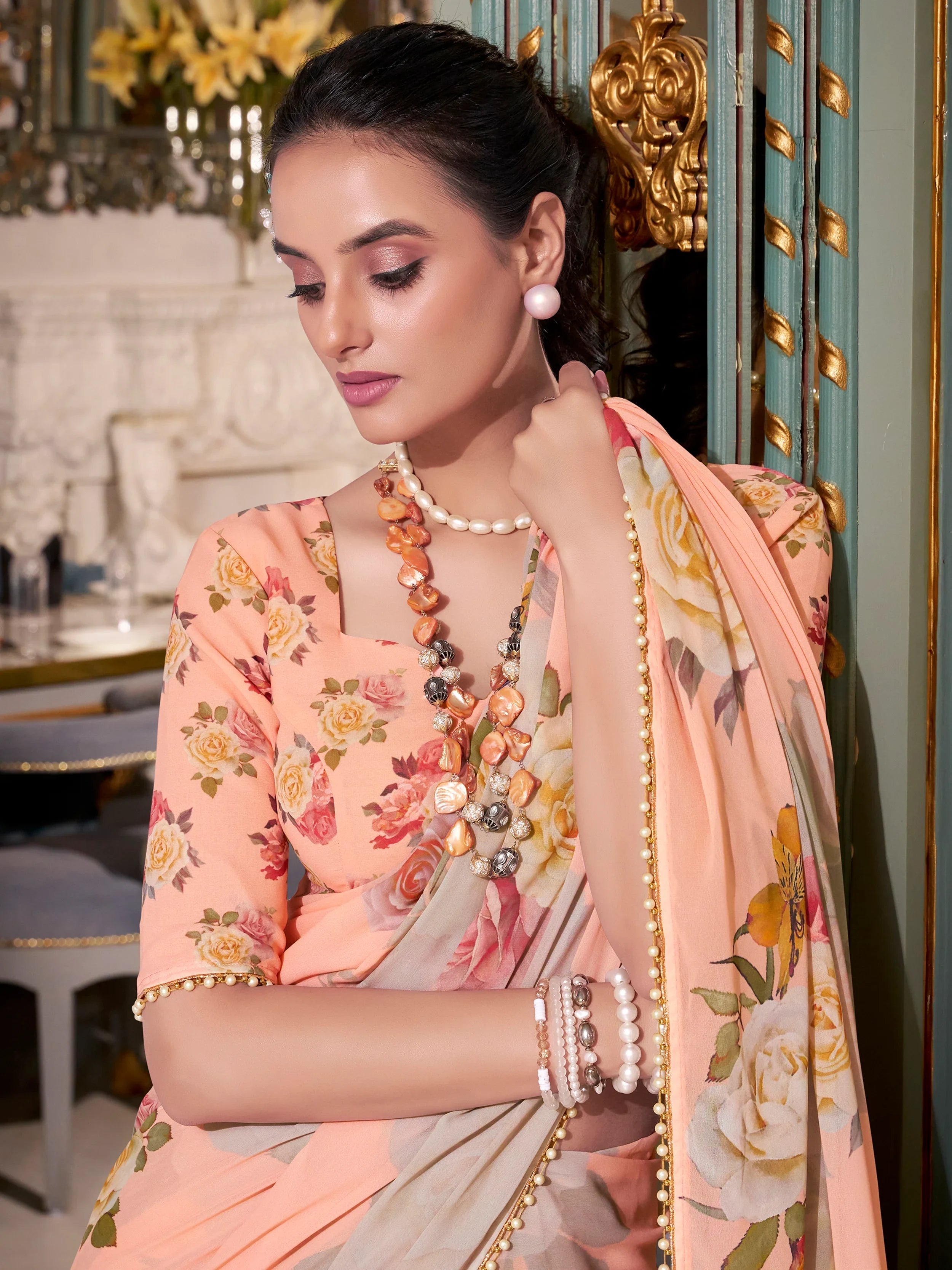 Peach Georgette Floral Printed Saree With Blouse
