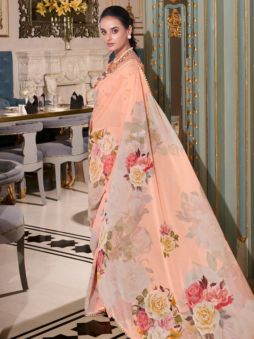 Peach Georgette Floral Printed Saree With Blouse