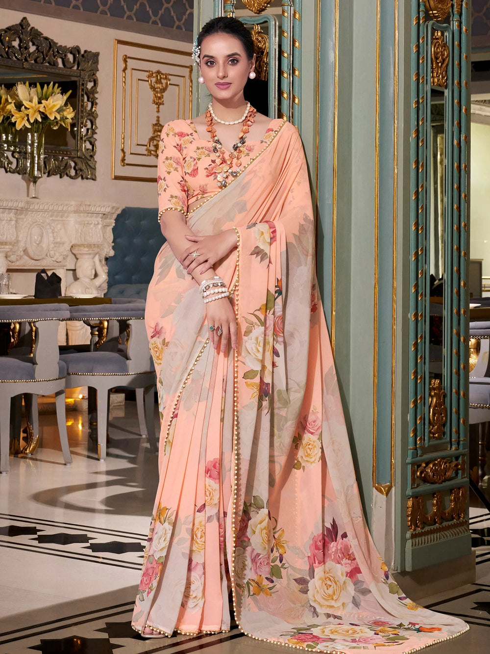 Peach Georgette Floral Printed Saree With Blouse