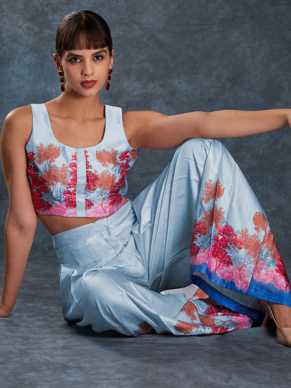 Sky Blue Floral Printed Linen Casual Wear Co-Ord Set