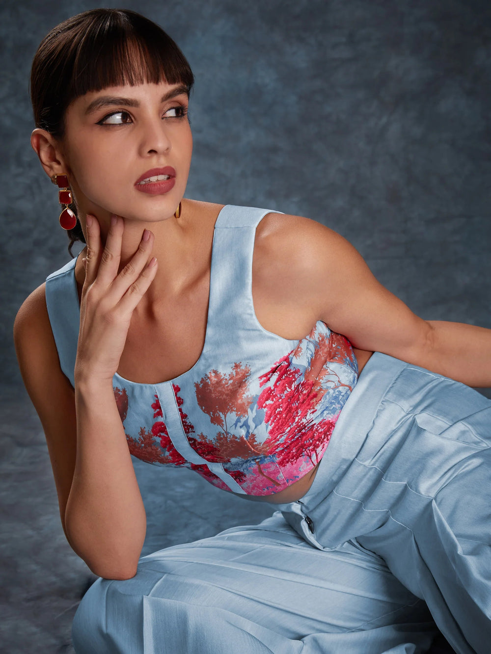 Sky Blue Floral Printed Linen Casual Wear Co-Ord Set