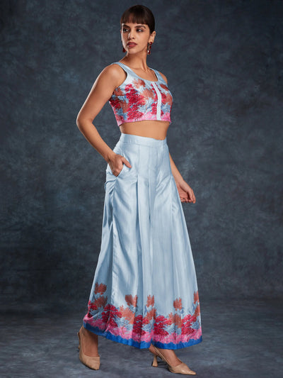 Sky Blue Floral Printed Linen Casual Wear Co-Ord Set