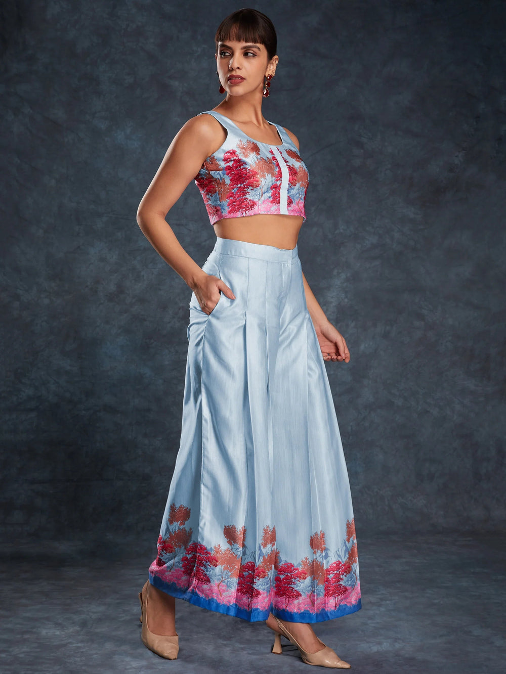 Sky Blue Floral Printed Linen Casual Wear Co-Ord Set