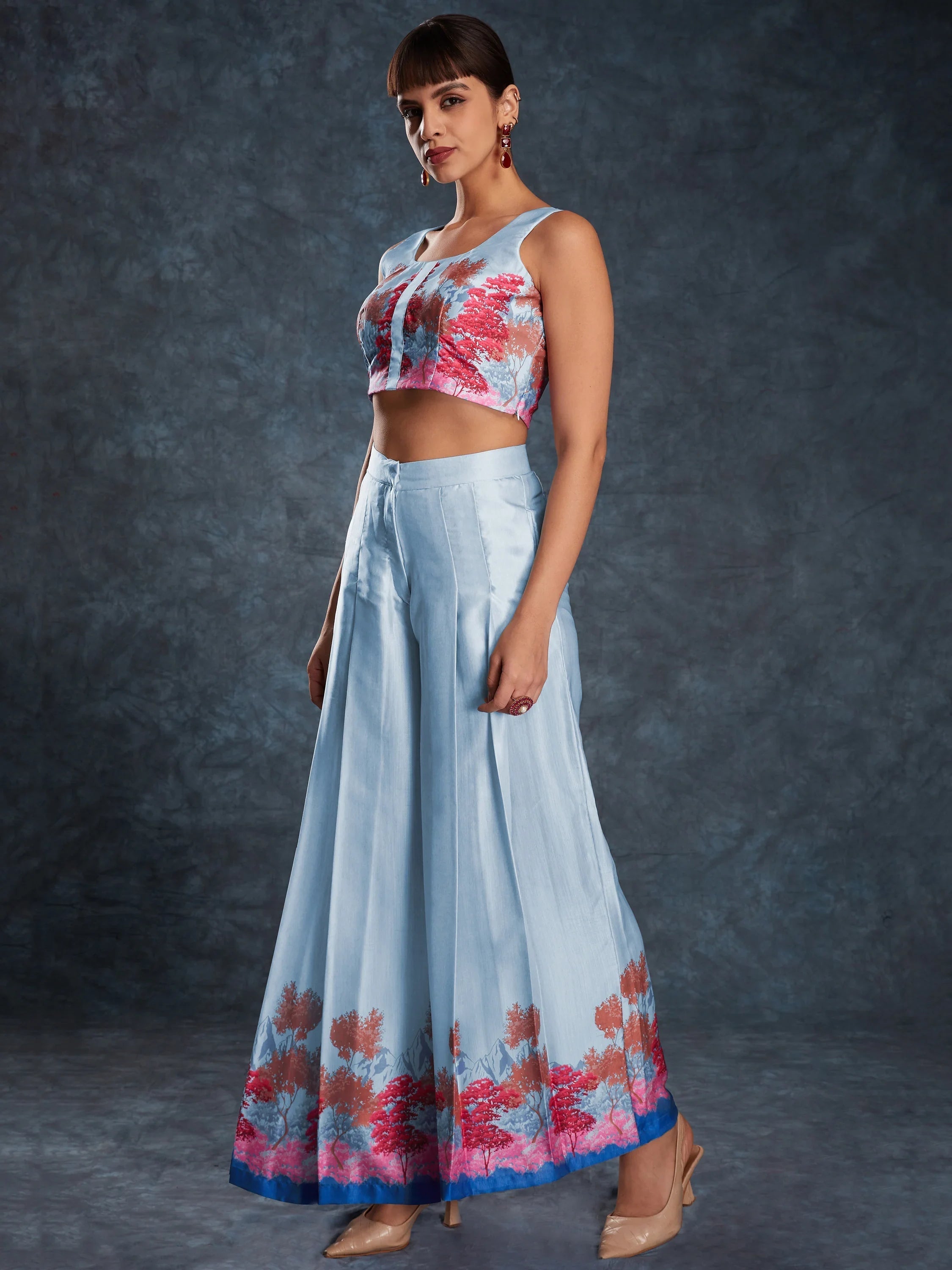 Sky Blue Floral Printed Linen Casual Wear Co-Ord Set