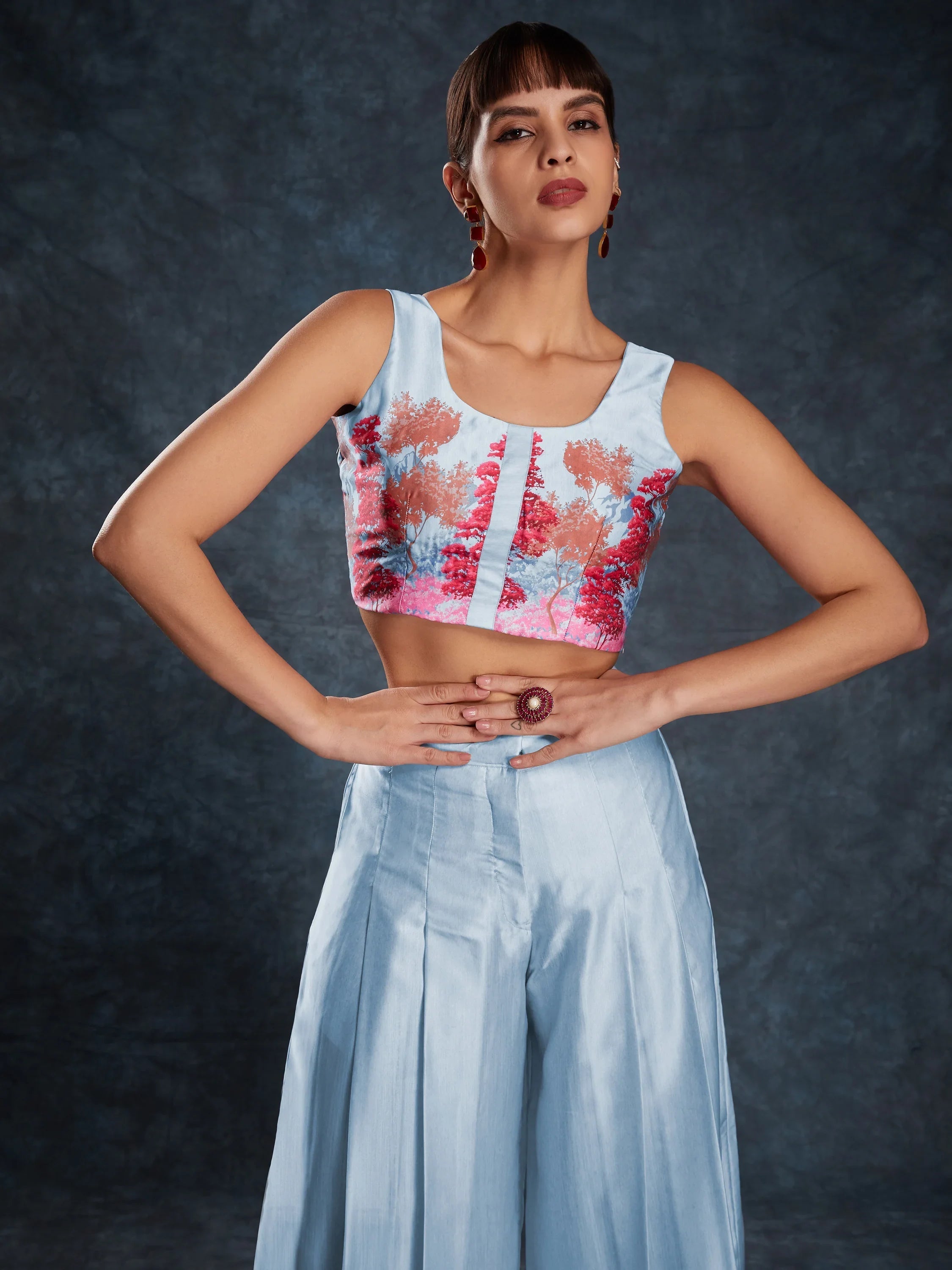 Sky Blue Floral Printed Linen Casual Wear Co-Ord Set