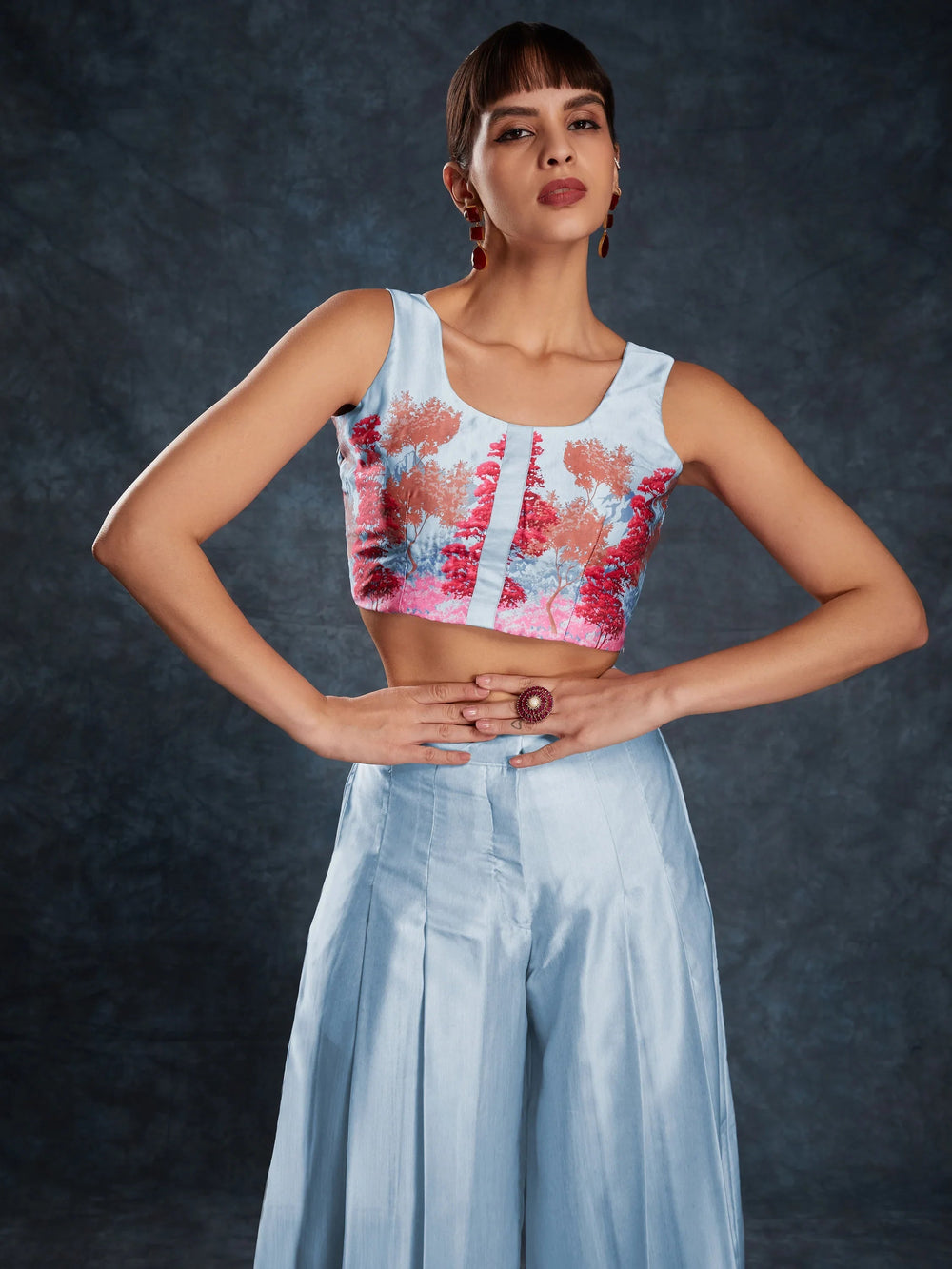 Sky Blue Floral Printed Linen Casual Wear Co-Ord Set