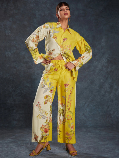 Yellow Floral Printed Linen Casual Wear Co-Ord Set