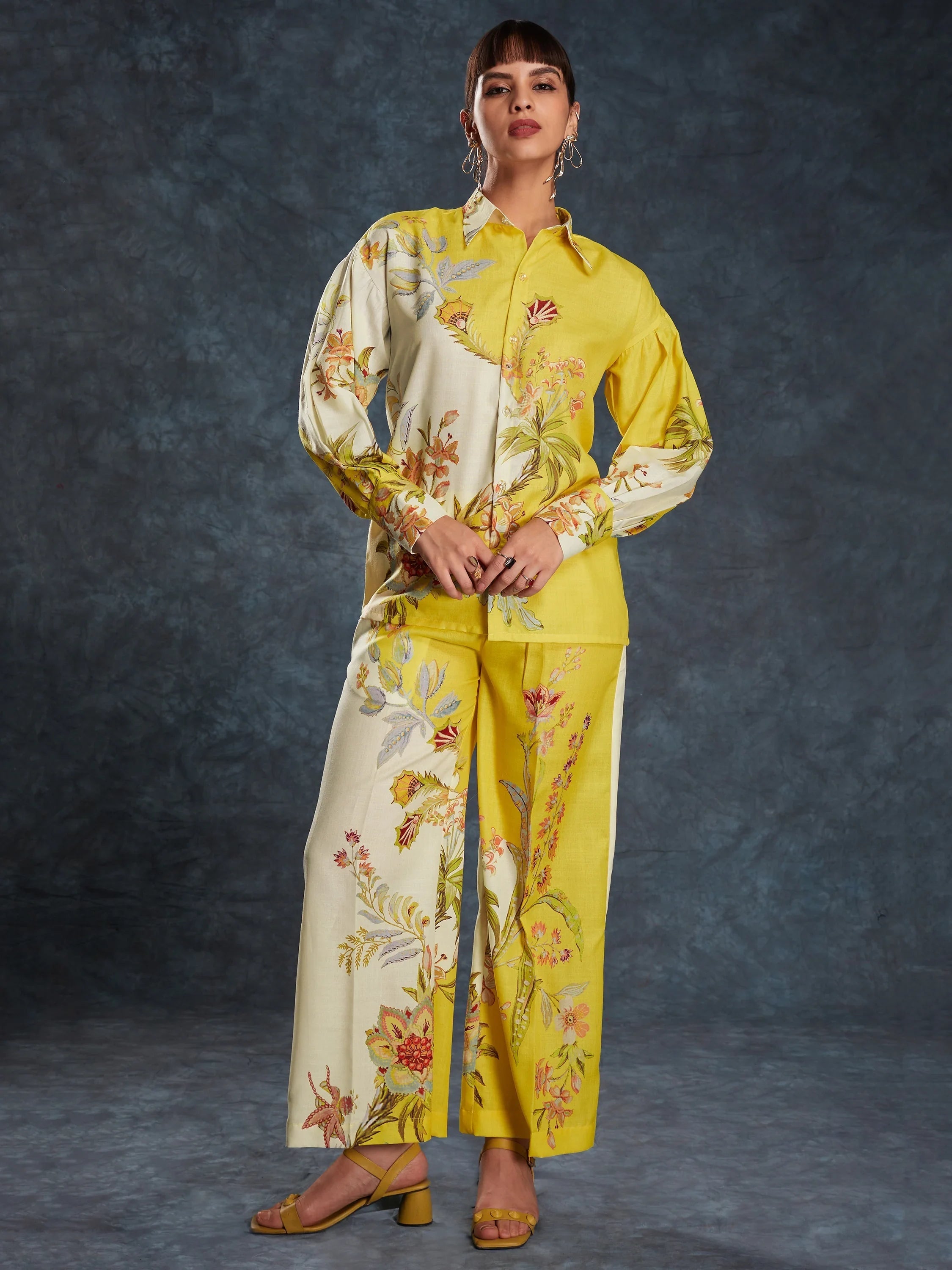 Yellow Floral Printed Linen Casual Wear Co-Ord Set
