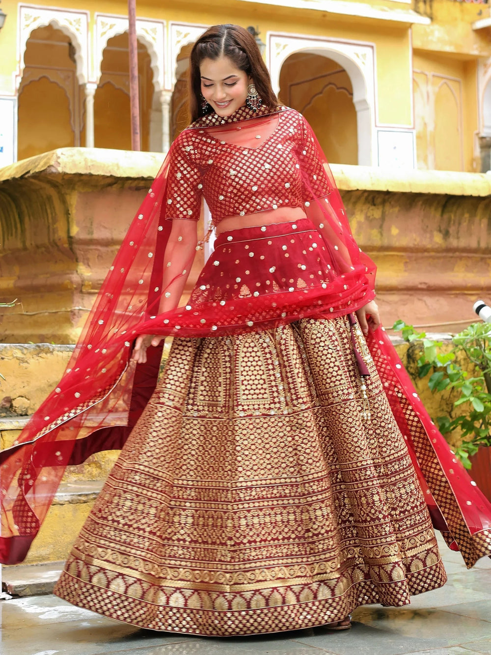 Maroon Sequins Raw Silk Wedding Lehenga Choli Indian Ethnic Wear