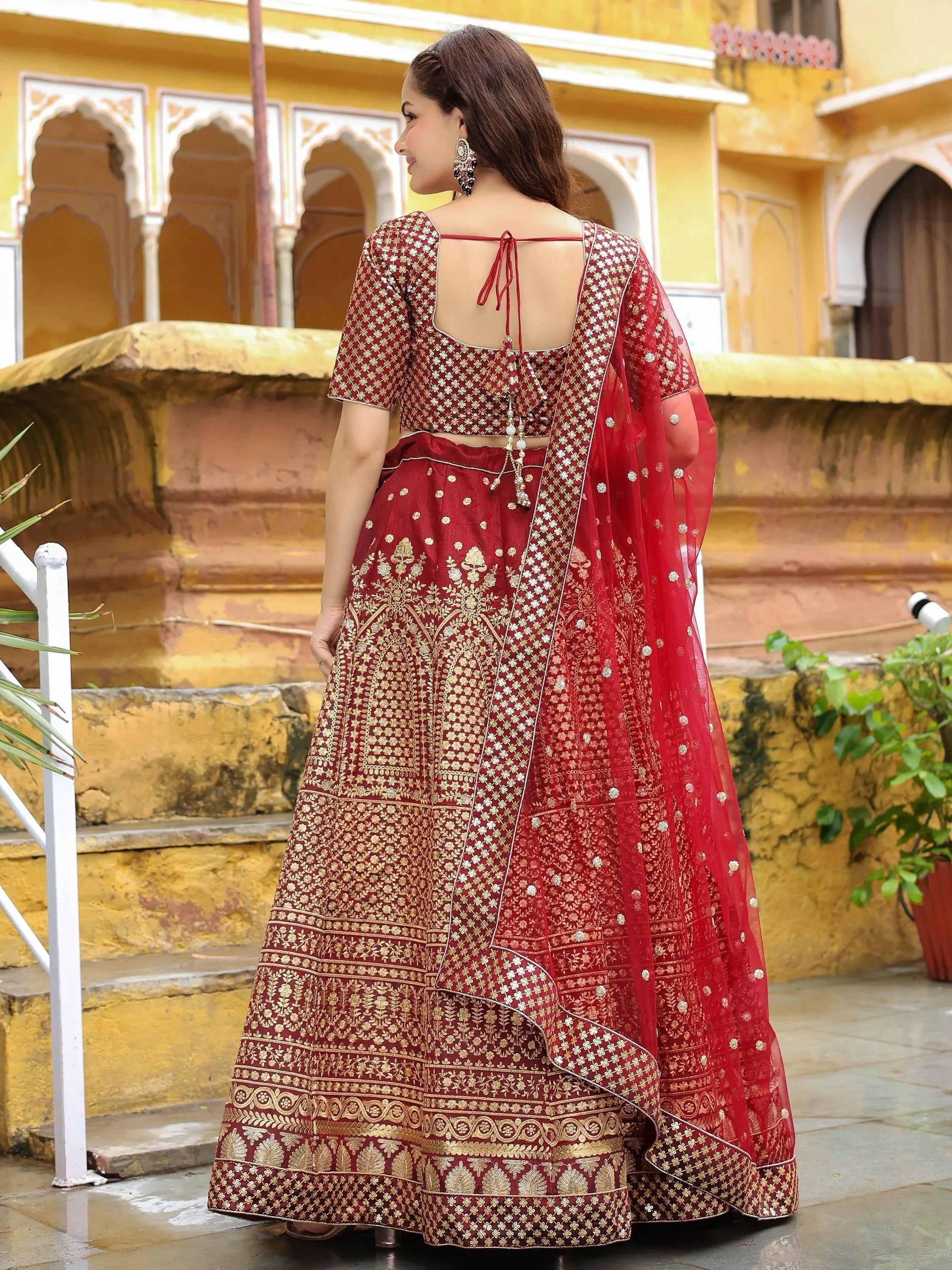 Maroon Sequins Raw Silk Wedding Lehenga Choli Indian Ethnic Wear