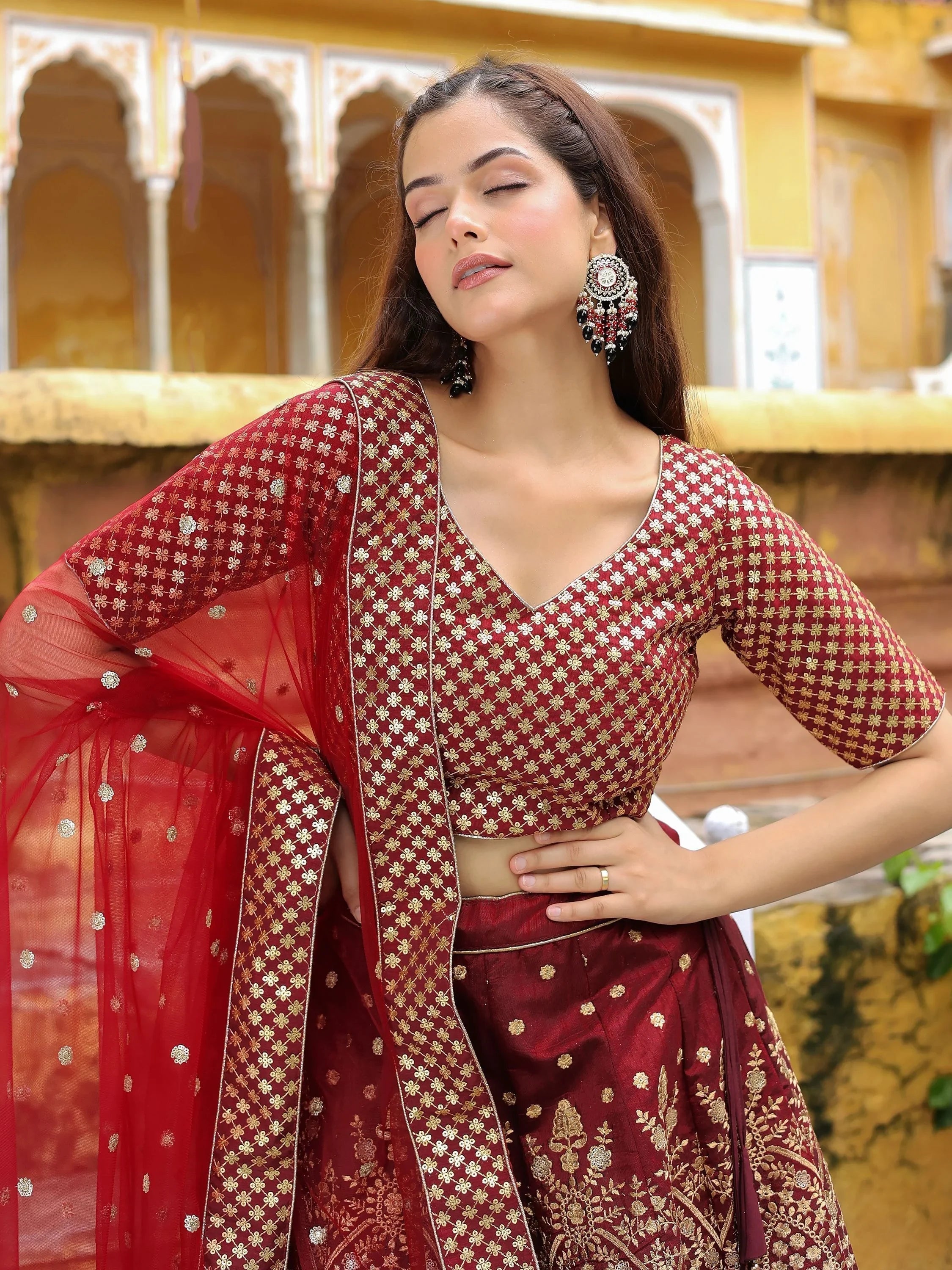 Maroon Sequins Raw Silk Wedding Lehenga Choli Indian Ethnic Wear