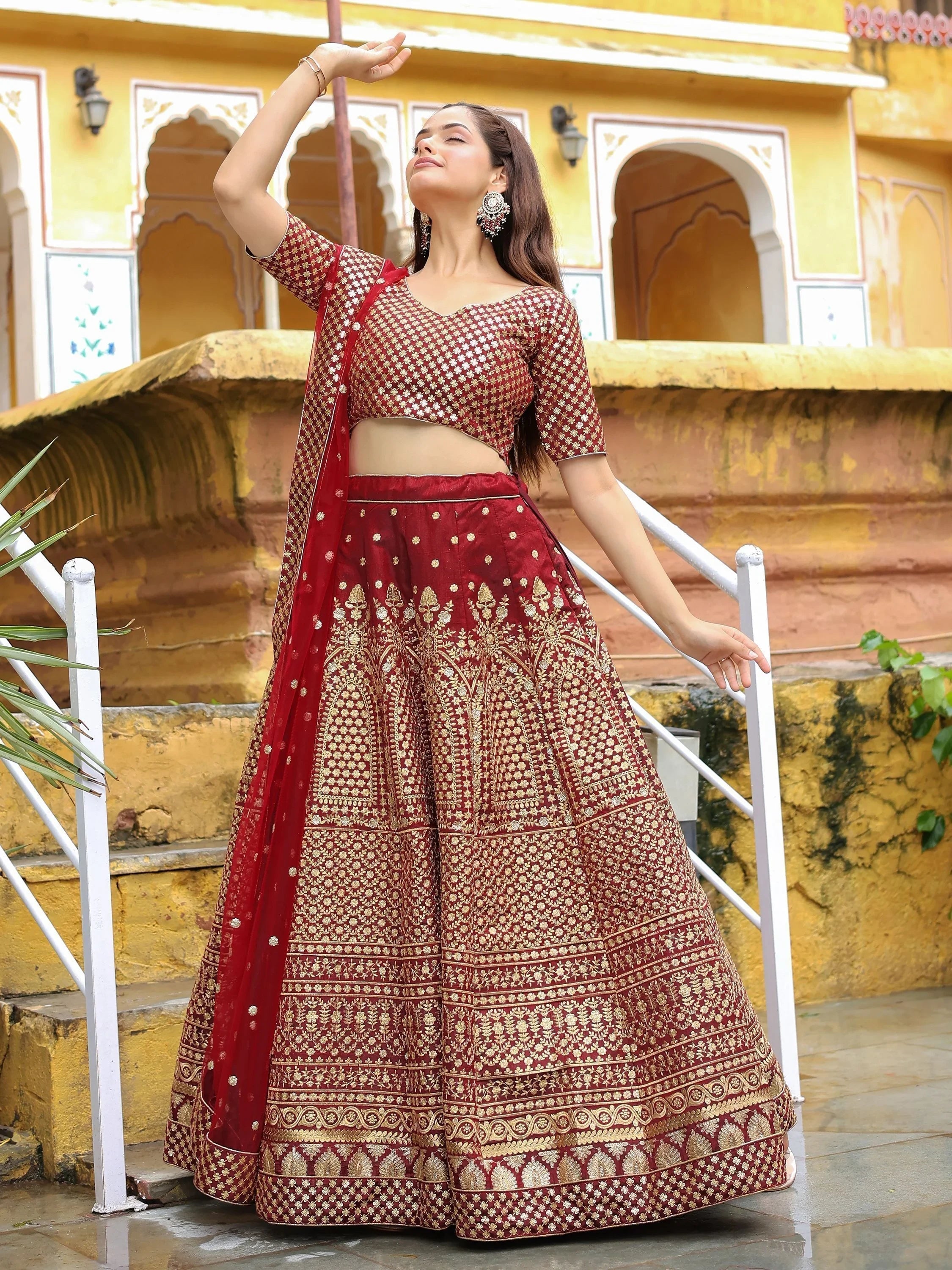 Maroon Sequins Raw Silk Wedding Lehenga Choli Indian Ethnic Wear