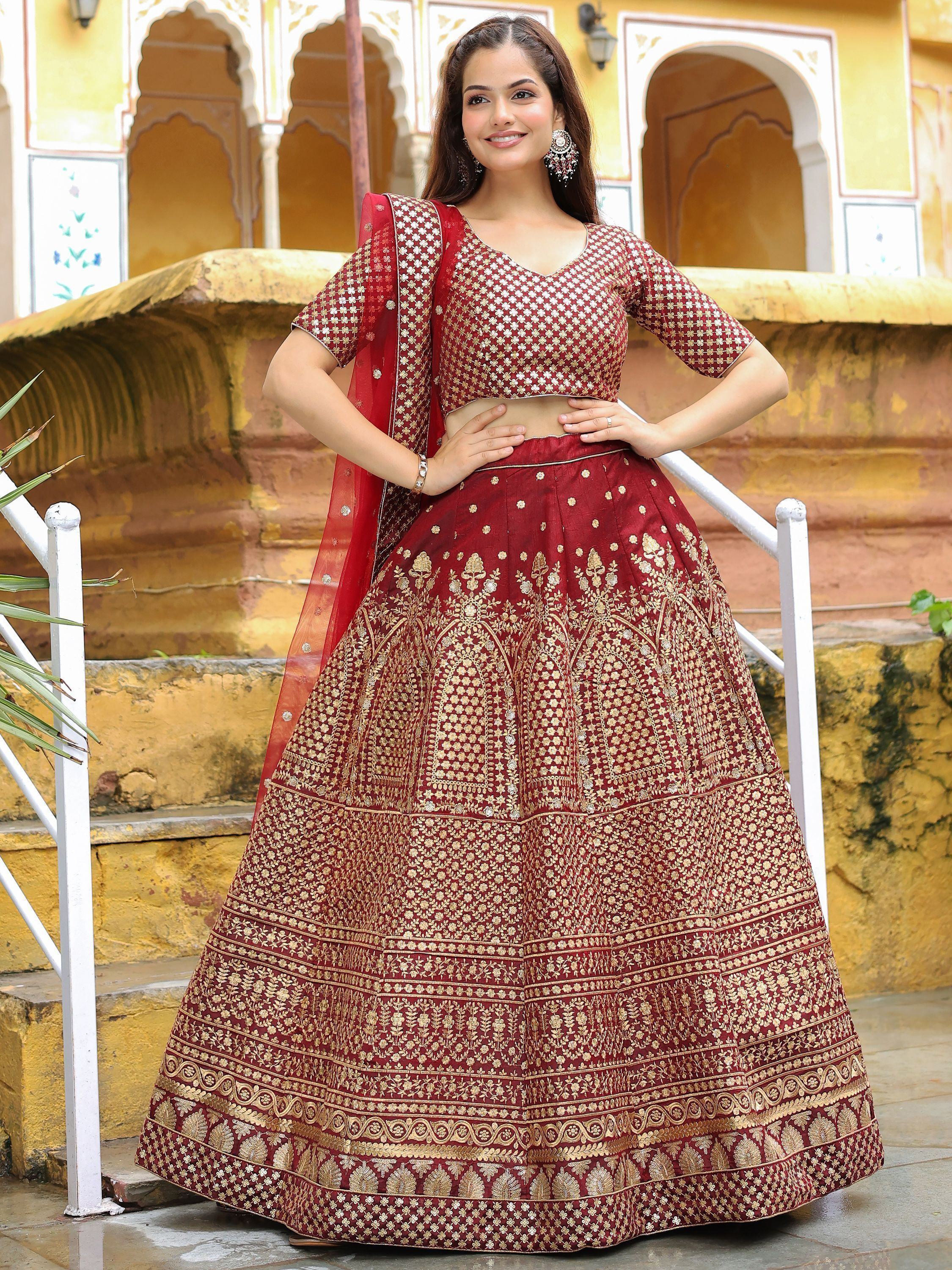 Maroon Sequins Raw Silk Wedding Lehenga Choli Indian Ethnic Wear