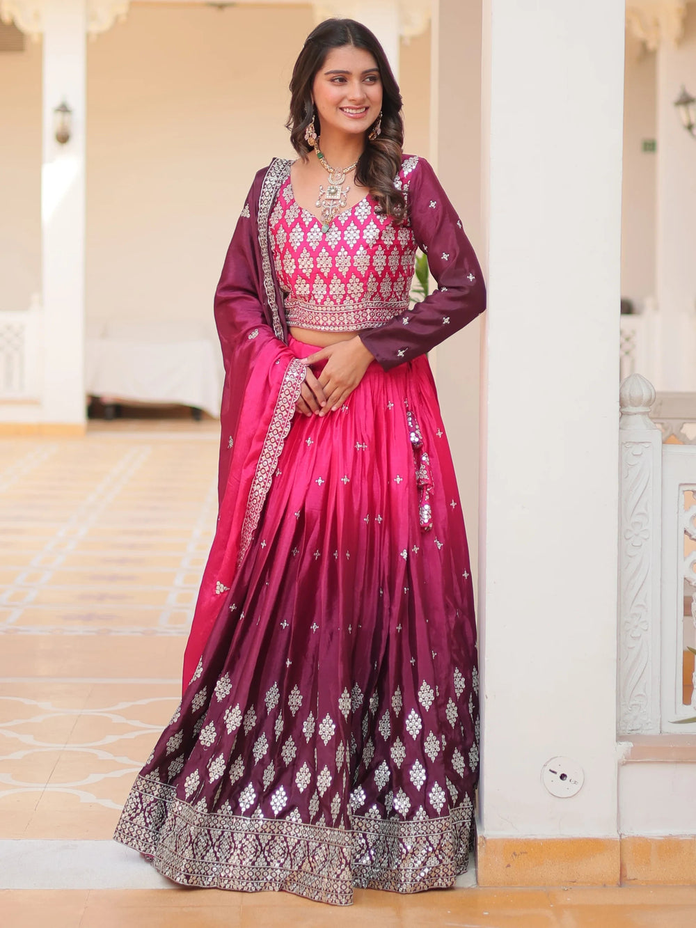 Pink Embroidered Chinon Wedding Wear Lehenga Choli for Women