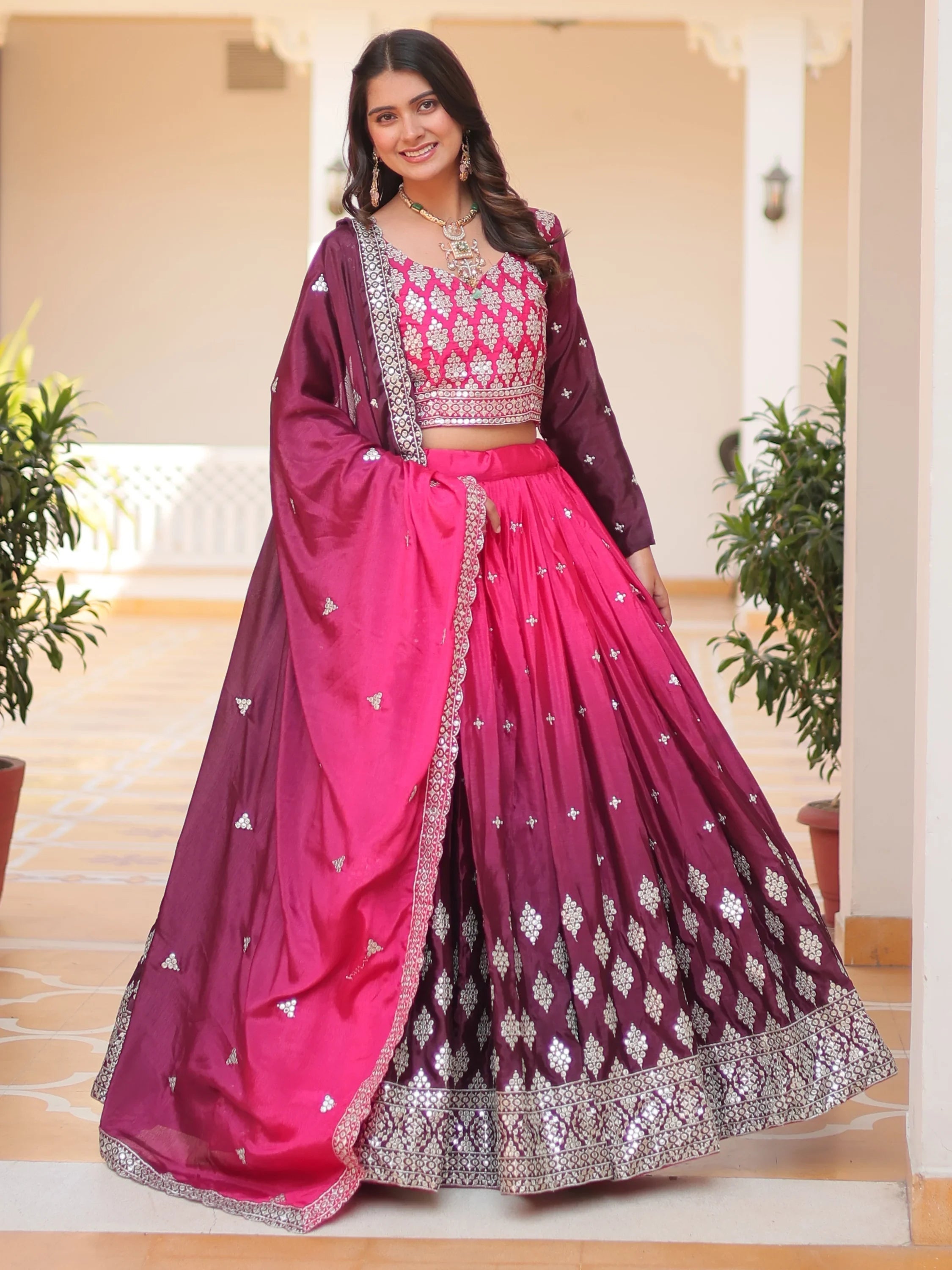Pink Embroidered Chinon Wedding Wear Lehenga Choli for Women