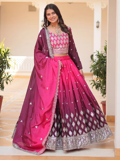 Pink Embroidered Chinon Wedding Wear Lehenga Choli for Women