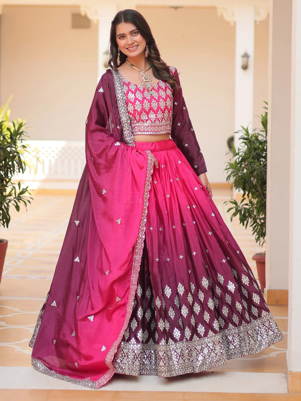 Pink Embroidered Chinon Wedding Wear Lehenga Choli for Women